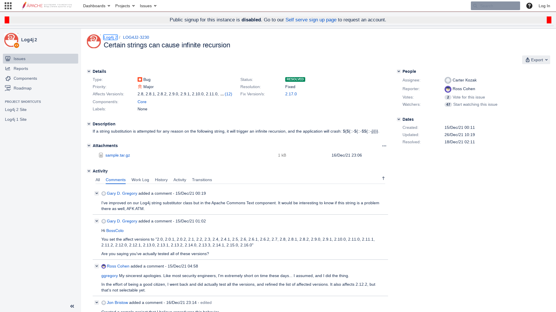 [LOG4J2-3230] Certain strings can cause infinite recursion - ASF JIRA