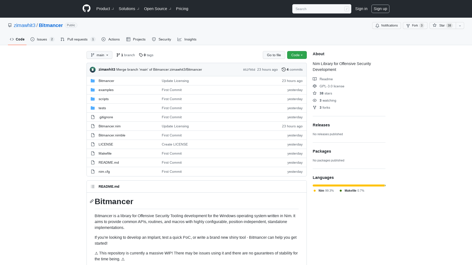 GitHub - zimawhit3/Bitmancer: Nim Library for Offensive Security Development