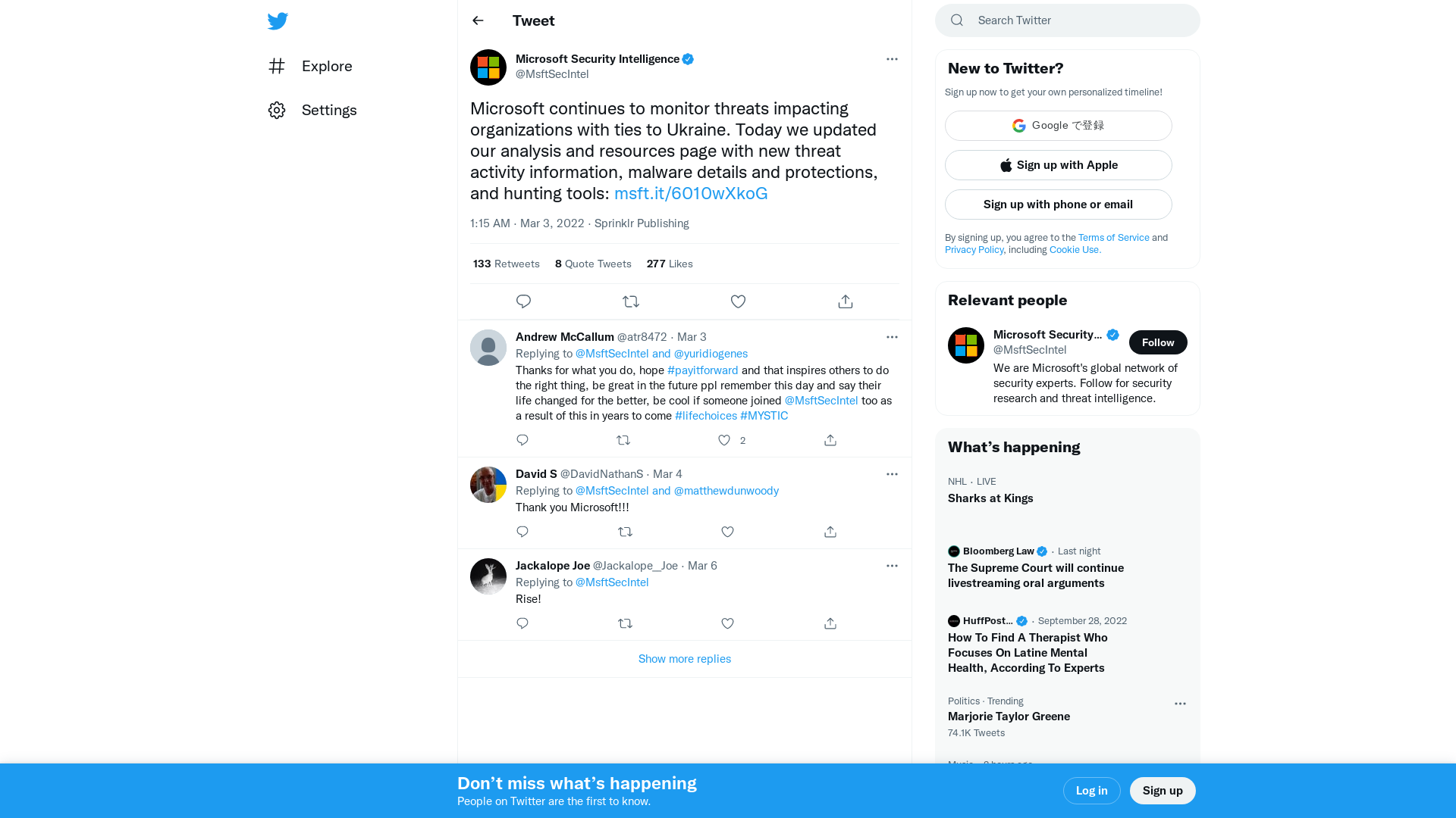Microsoft Security Intelligence on Twitter: "Microsoft continues to monitor threats impacting organizations with ties to Ukraine. Today we updated our analysis and resources page with new threat activity information, malware details and protections, and hunting tools: https://t.co/4gcRtlXO2v" / Twitter