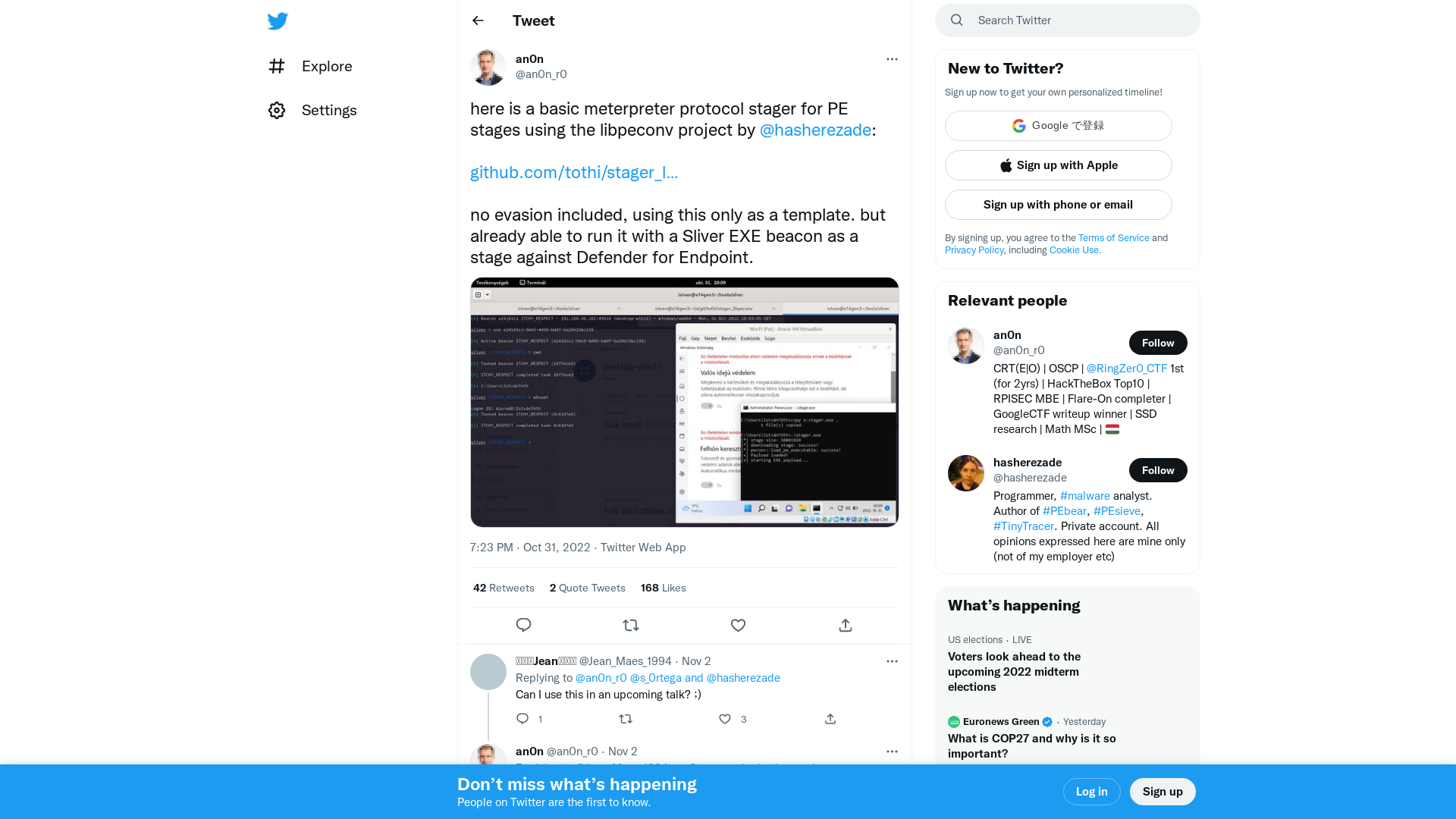 an0n on Twitter: "here is a basic meterpreter protocol stager for PE stages using the libpeconv project by @hasherezade: https://t.co/qsdb9XWvgj no evasion included, using this only as a template. but already able to run it with a Sliver EXE beacon as a stage against Defender for Endpoint. https://t.co/tJISqcRJf7" / Twitter