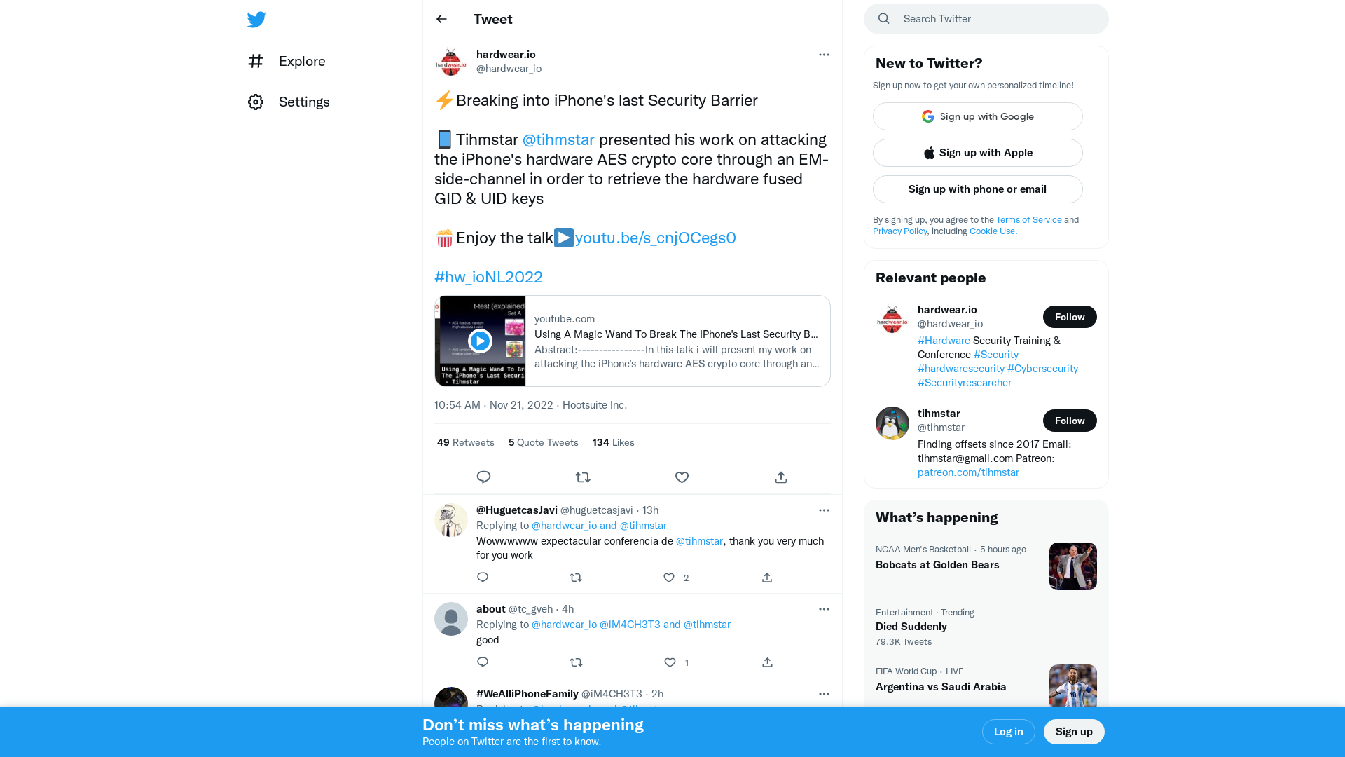 hardwear.io on Twitter: "⚡Breaking into iPhone's last Security Barrier 📱Tihmstar @tihmstar presented his work on attacking the iPhone's hardware AES crypto core through an EM-side-channel in order to retrieve the hardware fused GID &amp; UID keys 🍿Enjoy the talk▶️https://t.co/o7HiFb8RqD #hw_ioNL2022" / Twitter