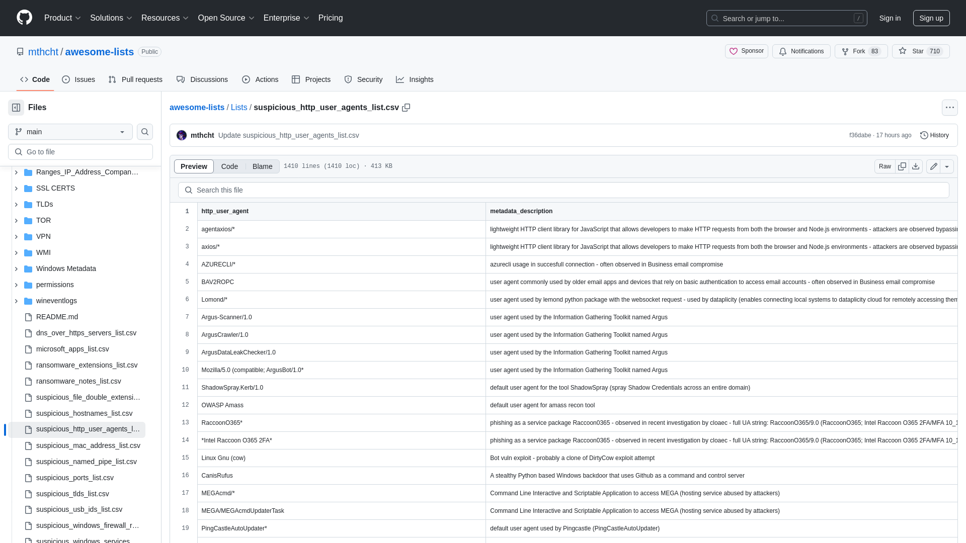 awesome-lists/Lists/suspicious_http_user_agents_list.csv at main · mthcht/awesome-lists · GitHub