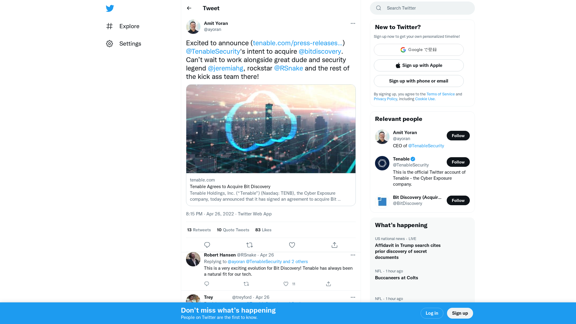 Amit Yoran on Twitter: "Excited to announce (https://t.co/GTYIqB5Lmd) @TenableSecurity's intent to acquire @bitdiscovery. Can’t wait to work alongside great dude and security legend @jeremiahg, rockstar @RSnake and the rest of the kick ass team there!" / Twitter