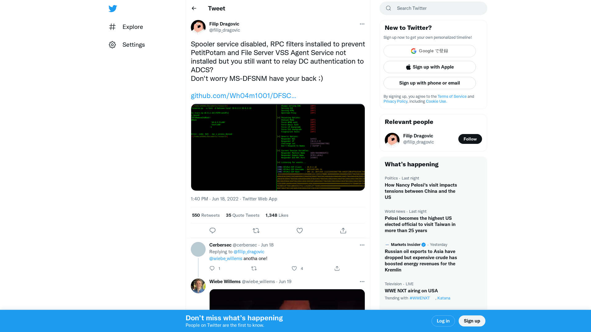 Filip Dragovic on Twitter: "Spooler service disabled, RPC filters installed to prevent PetitPotam and File Server VSS Agent Service not installed but you still want to relay DC authentication to ADCS? Don't worry MS-DFSNM have your back ;) https://t.co/idwMnM8nIV https://t.co/pTHePYLLMs" / Twitter