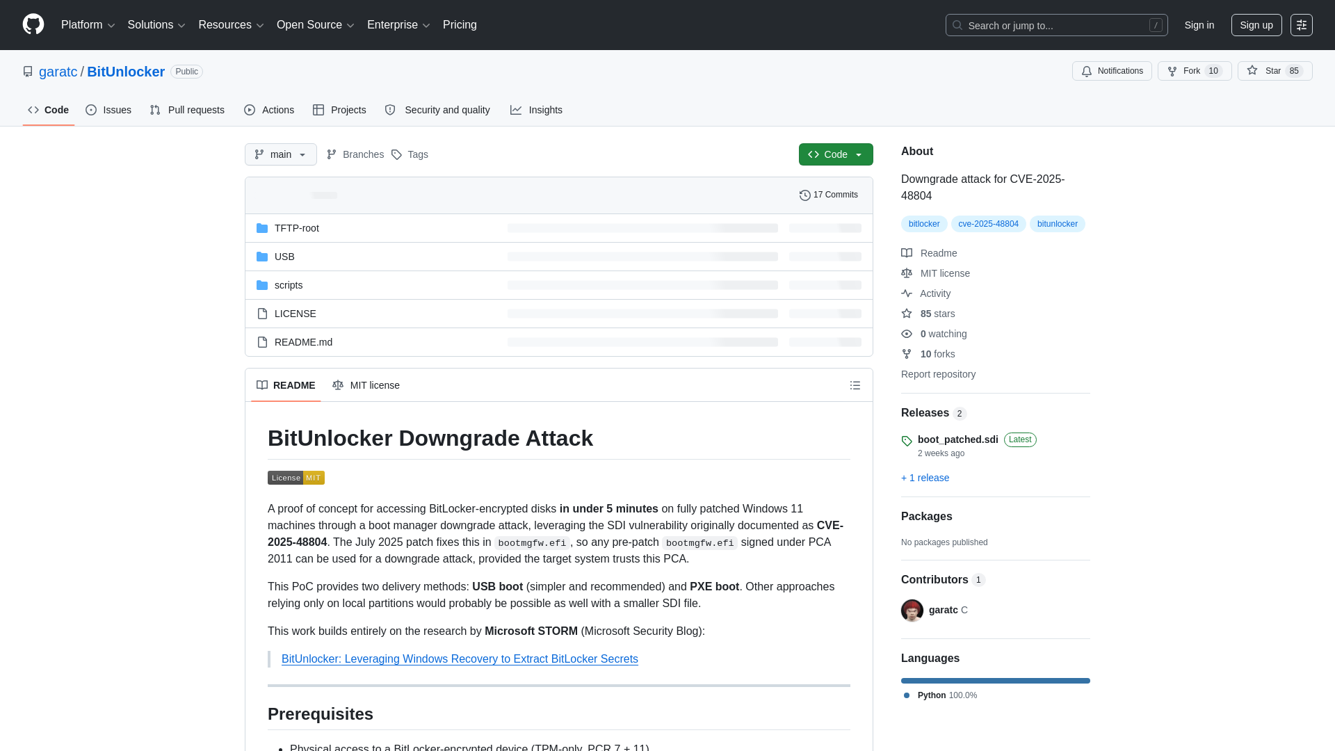 GitHub - garatc/BitUnlocker: Downgrade attack for CVE-2025-48804 · GitHub