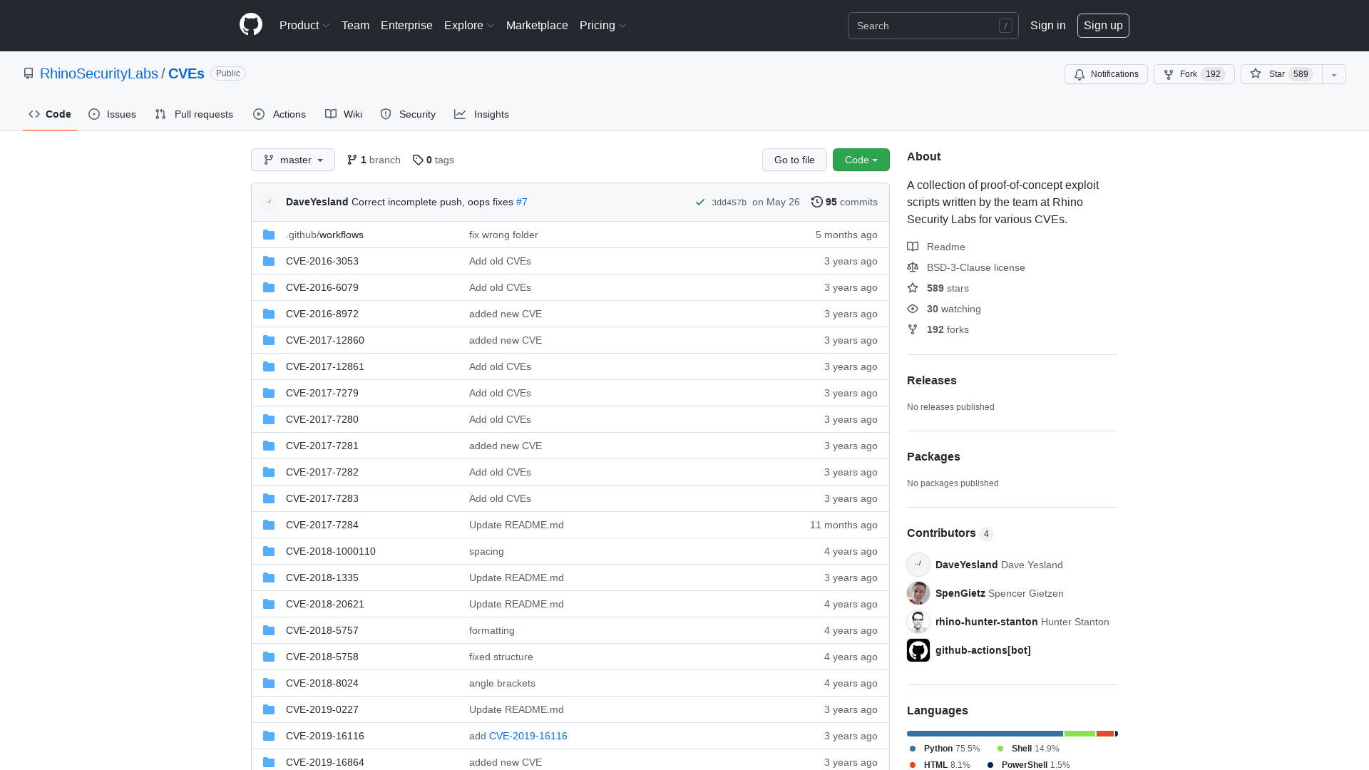GitHub - RhinoSecurityLabs/CVEs: A collection of proof-of-concept exploit scripts written by the team at Rhino Security Labs for various CVEs.
