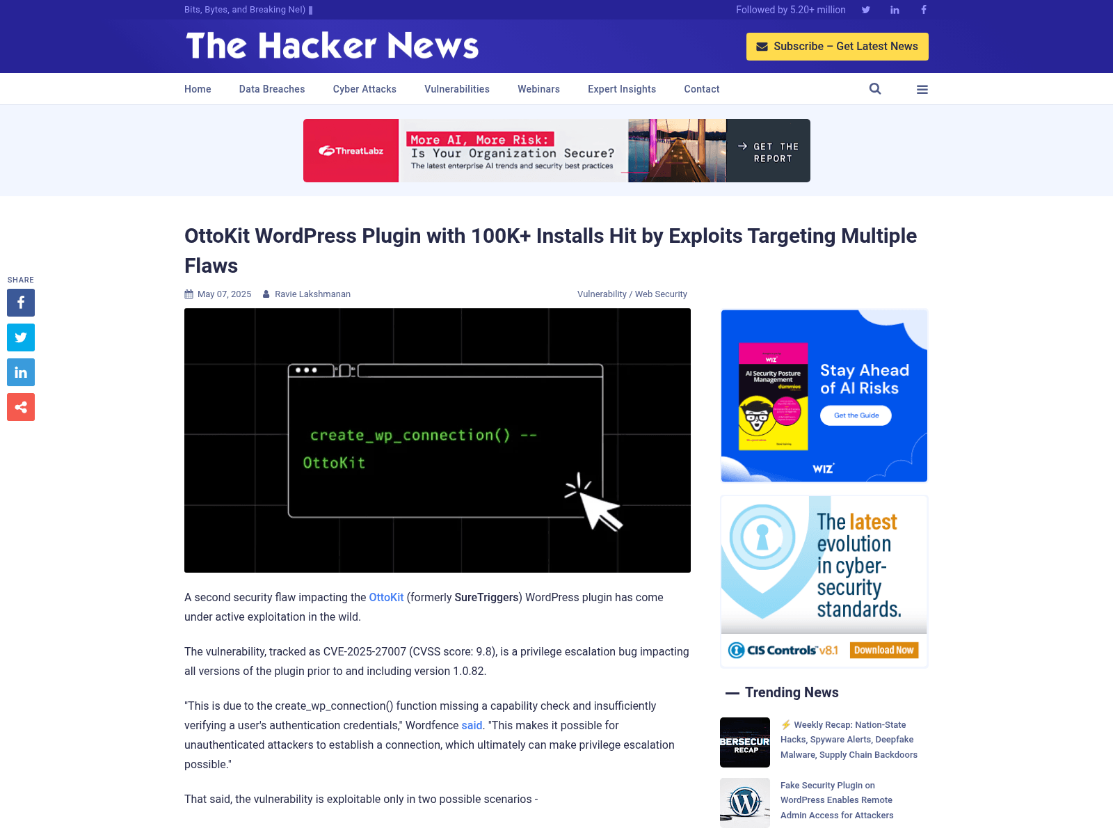 OttoKit WordPress Plugin with 100K+ Installs Hit by Exploits Targeting Multiple Flaws