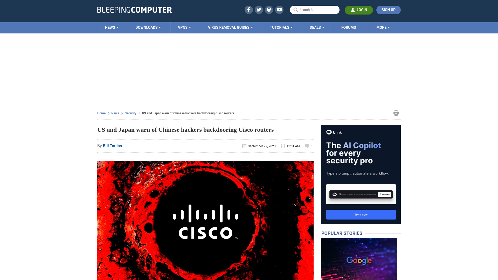 US and Japan warn of Chinese hackers backdooring Cisco routers