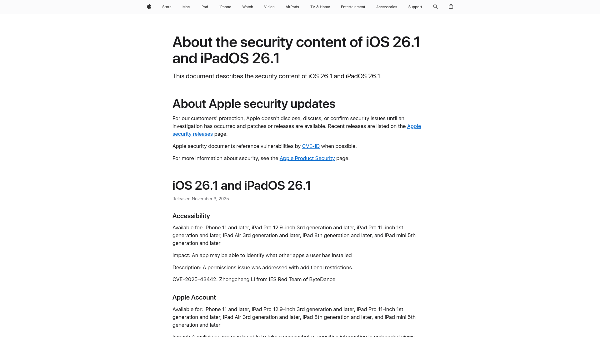 About the security content of iOS 26.1 and iPadOS 26.1 - Apple Support