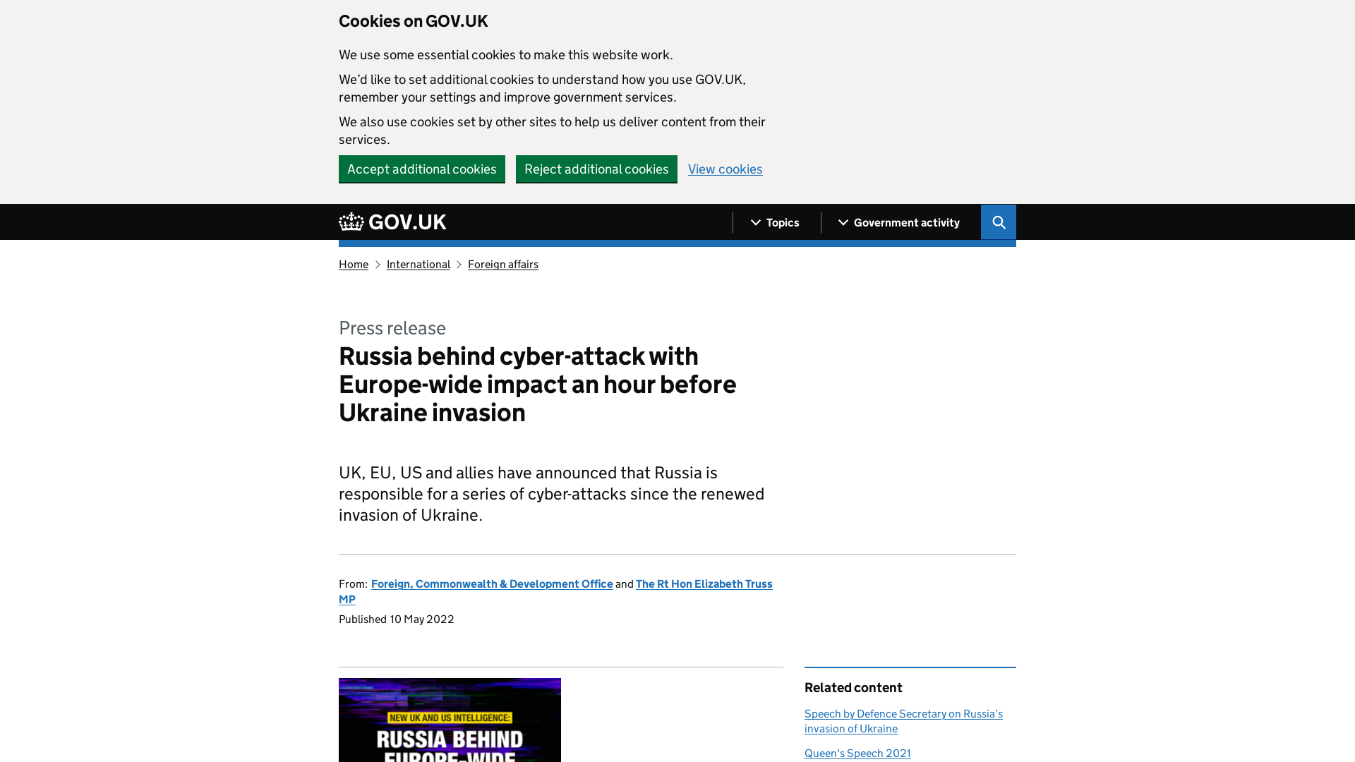 Russia behind cyber-attack with Europe-wide impact an hour before Ukraine invasion - GOV.UK