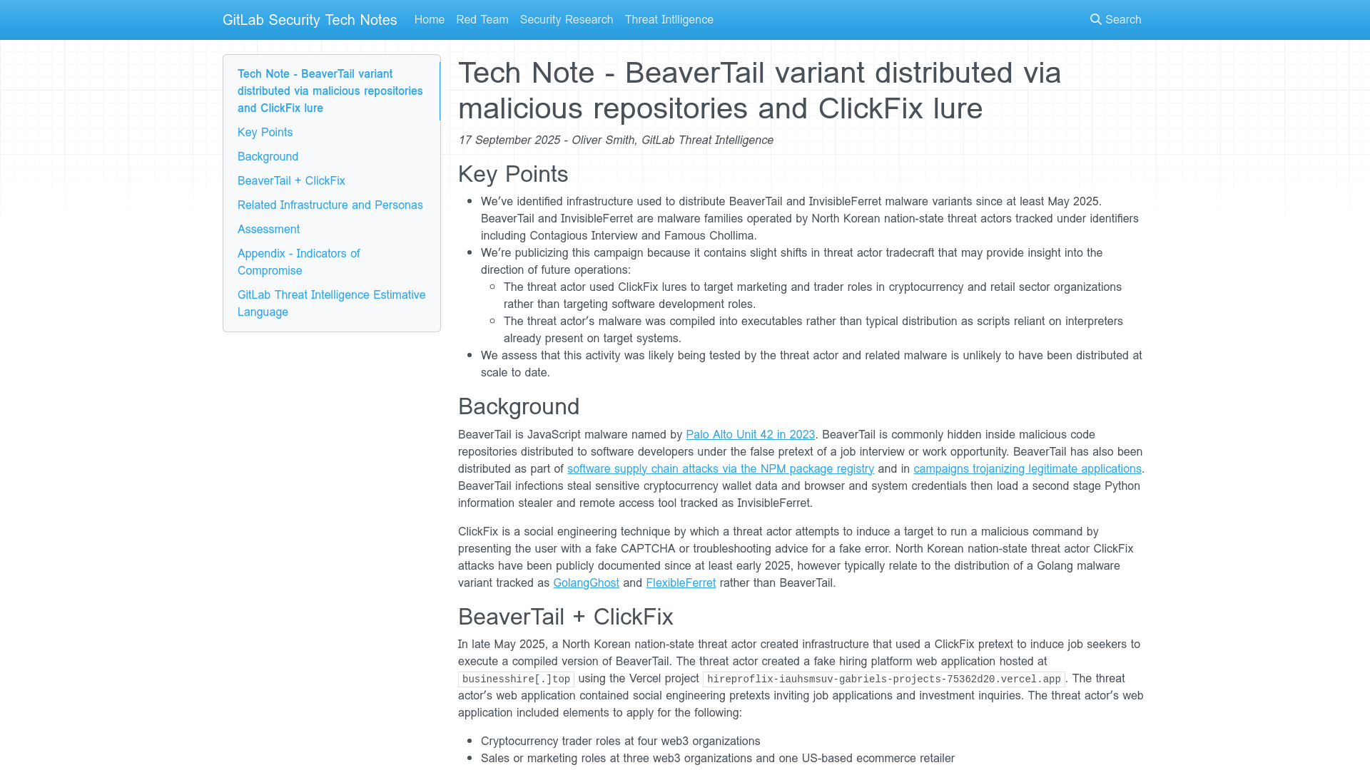 Tech Note - BeaverTail variant distributed via malicious repositories and ClickFix lure - GitLab Security Tech Notes