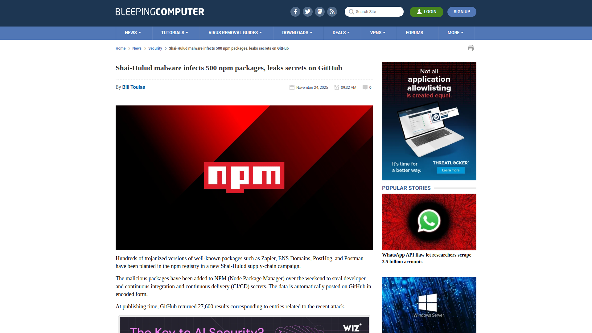 Shai-Hulud malware infects 500 npm packages, leaks secrets on GitHub