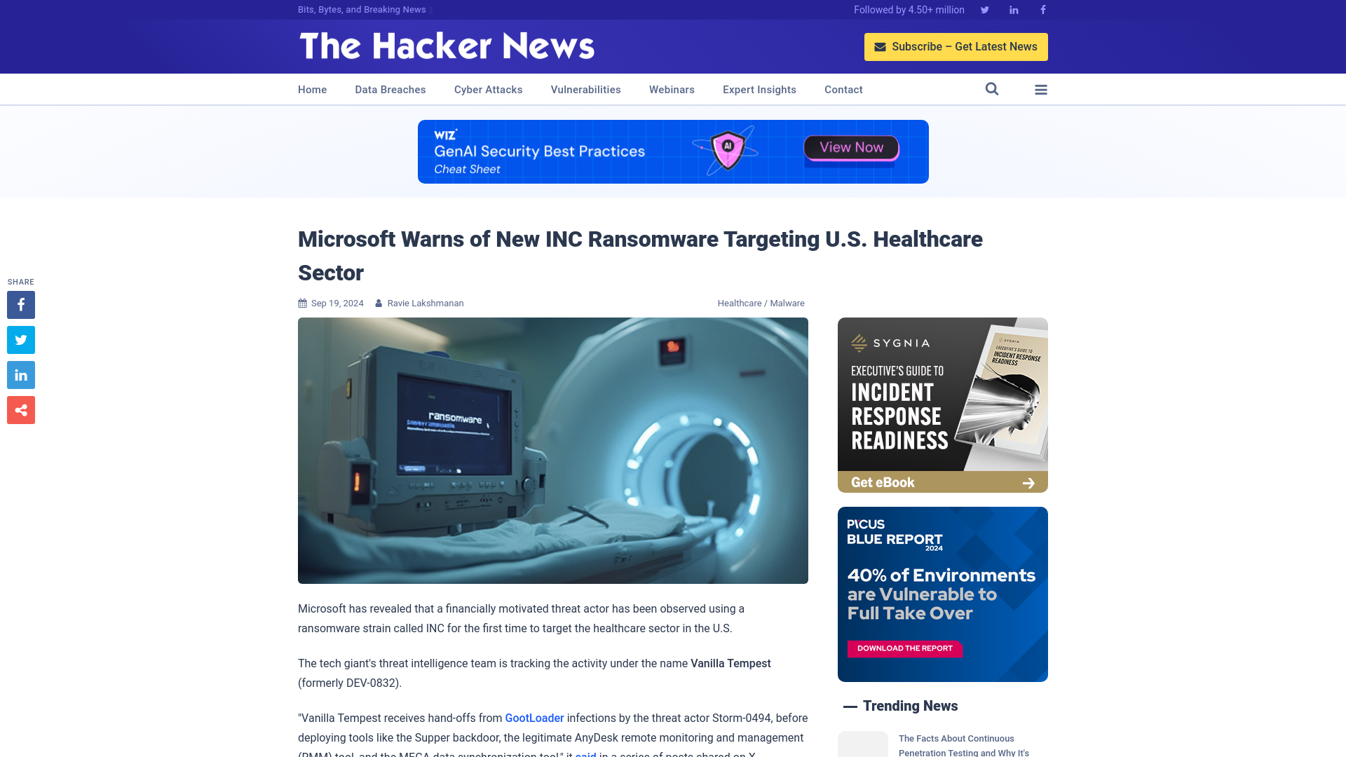 Microsoft Warns of New INC Ransomware Targeting U.S. Healthcare Sector