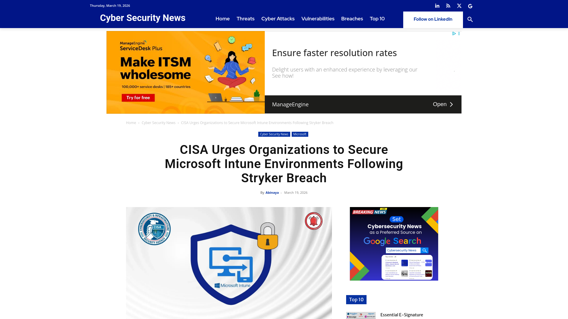 CISA Urges Organizations to Secure Microsoft Intune Environments Following Stryker Breach