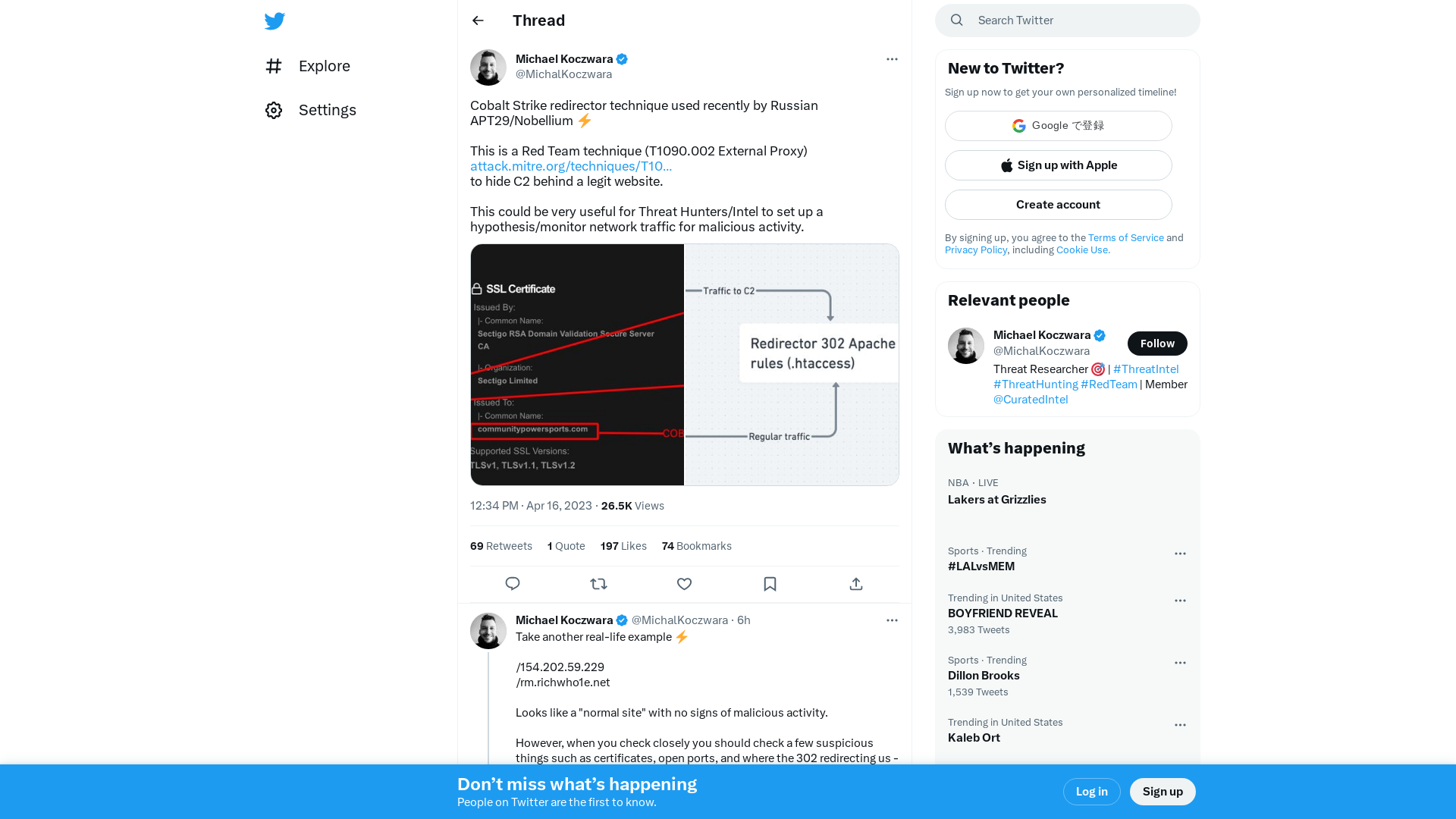 Michael Koczwara on Twitter: "Cobalt Strike redirector technique used recently by Russian APT29/Nobellium ⚡️ This is a Red Team technique (T1090.002 External Proxy) https://t.co/31qDR29SPh to hide C2 behind a legit website. This could be very useful for Threat Hunters/Intel to set up a hypothesis/monitor… https://t.co/Uy3MqnCOec" / Twitter