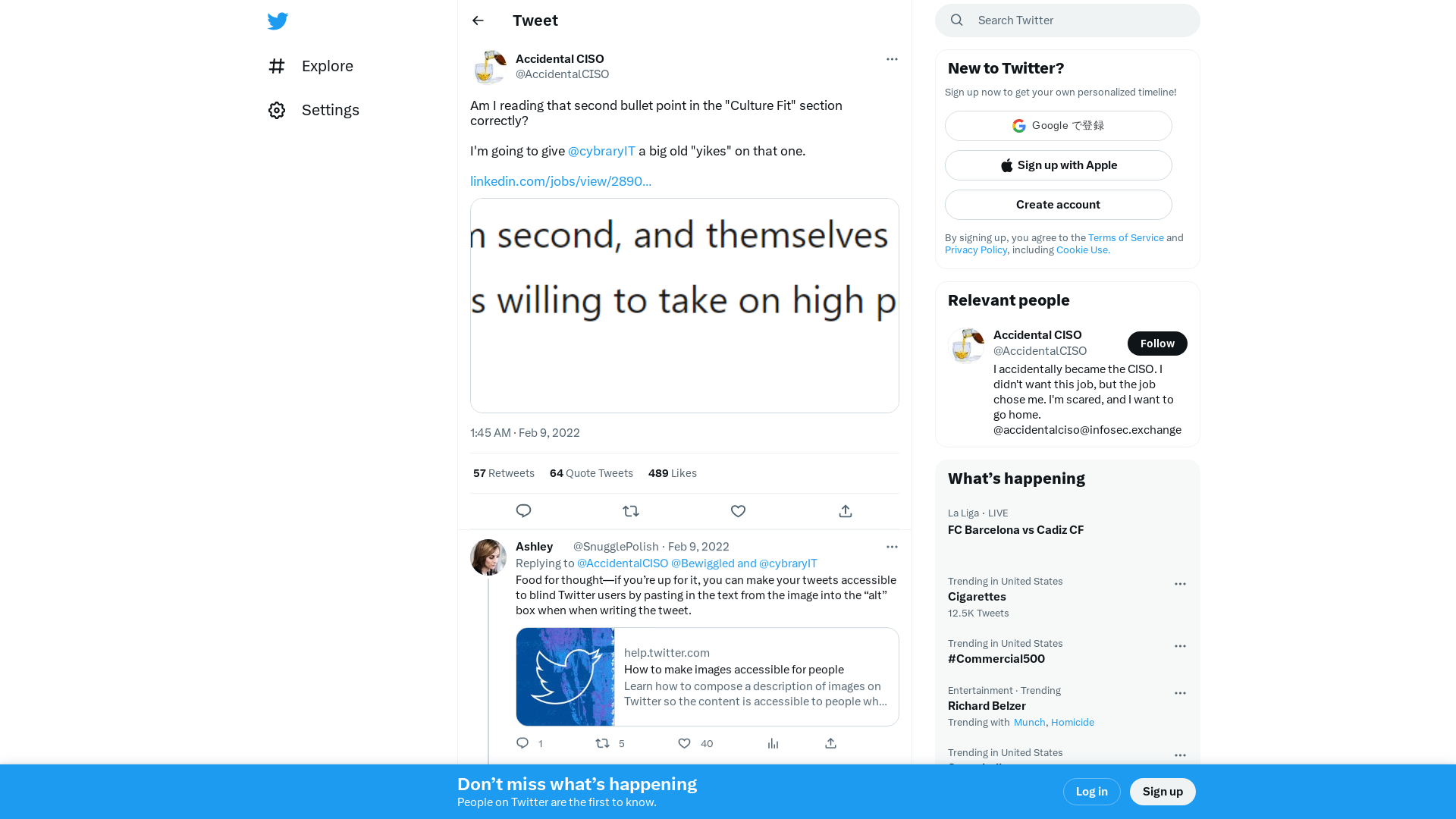 Accidental CISO on Twitter: "Am I reading that second bullet point in the "Culture Fit" section correctly? I'm going to give @cybraryIT a big old "yikes" on that one. https://t.co/z9C9Mhgaog https://t.co/eJxNRDjbyv" / Twitter