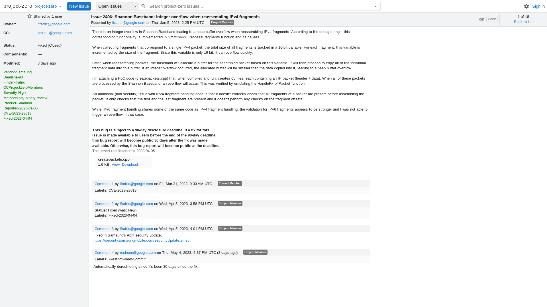 2406 - Shannon Baseband: Integer overflow when reassembling IPv4 fragments - project-zero