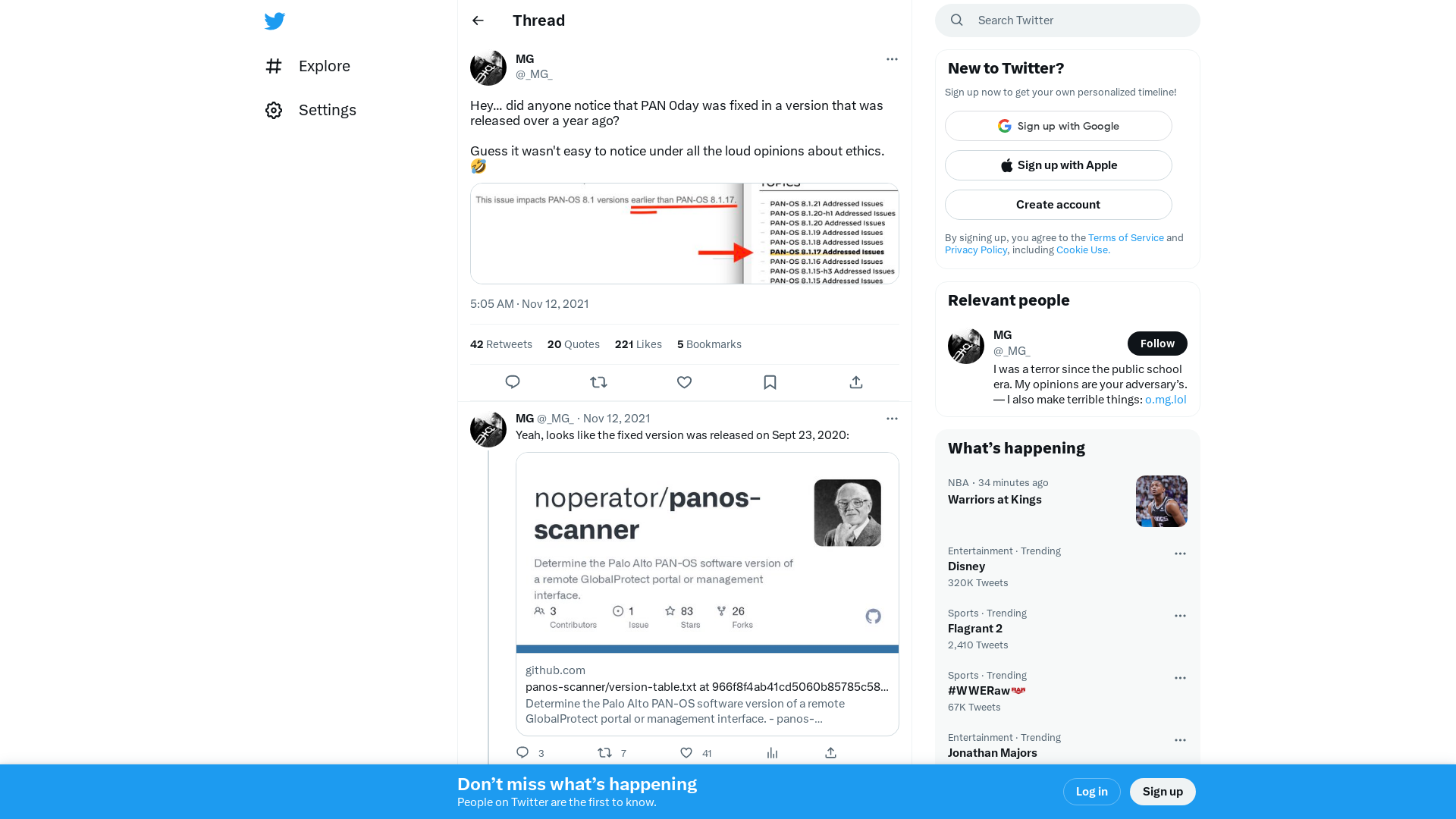MG on Twitter: "Hey... did anyone notice that PAN 0day was fixed in a version that was released over a year ago? Guess it wasn't easy to notice under all the loud opinions about ethics. 🤣 https://t.co/ZMekjRXEIg" / Twitter