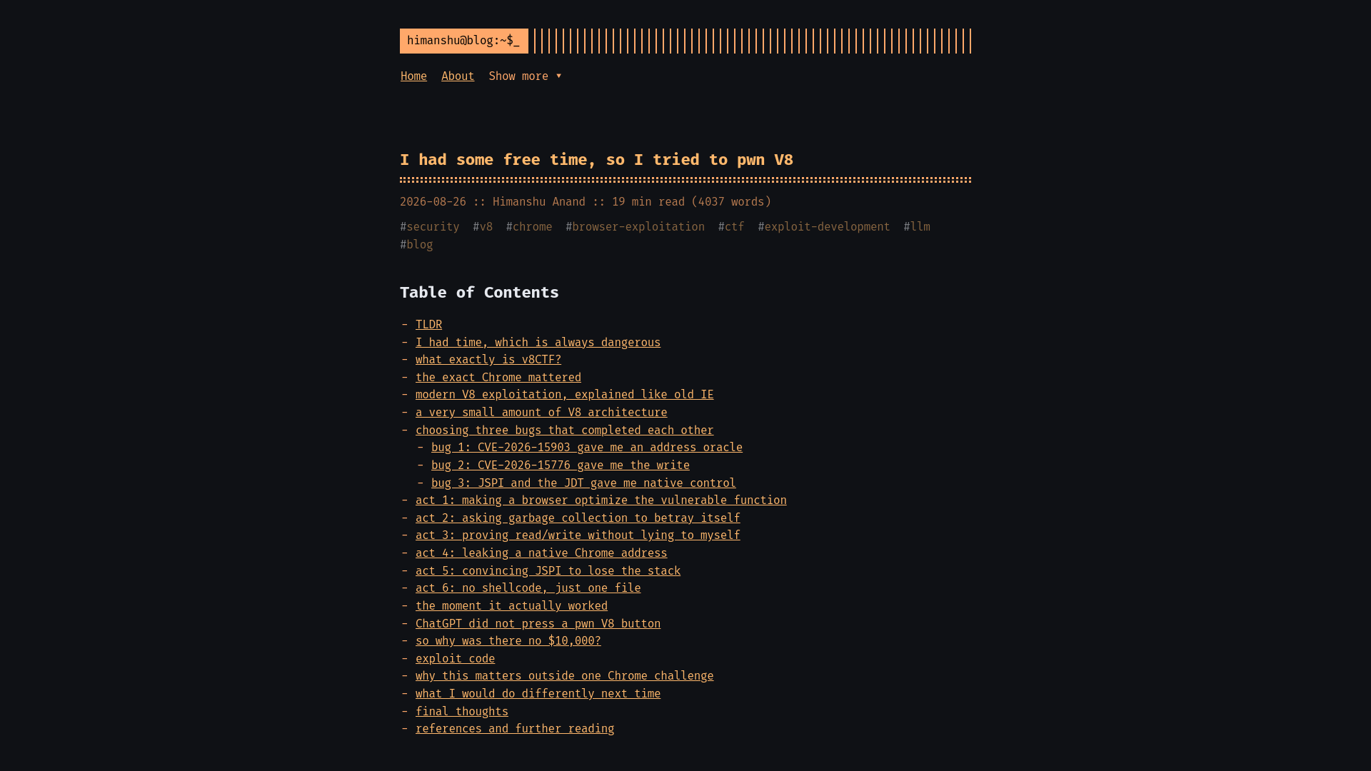 I had some free time, so I tried to pwn V8 :: Himanshu Anand :: Security & Other Notes