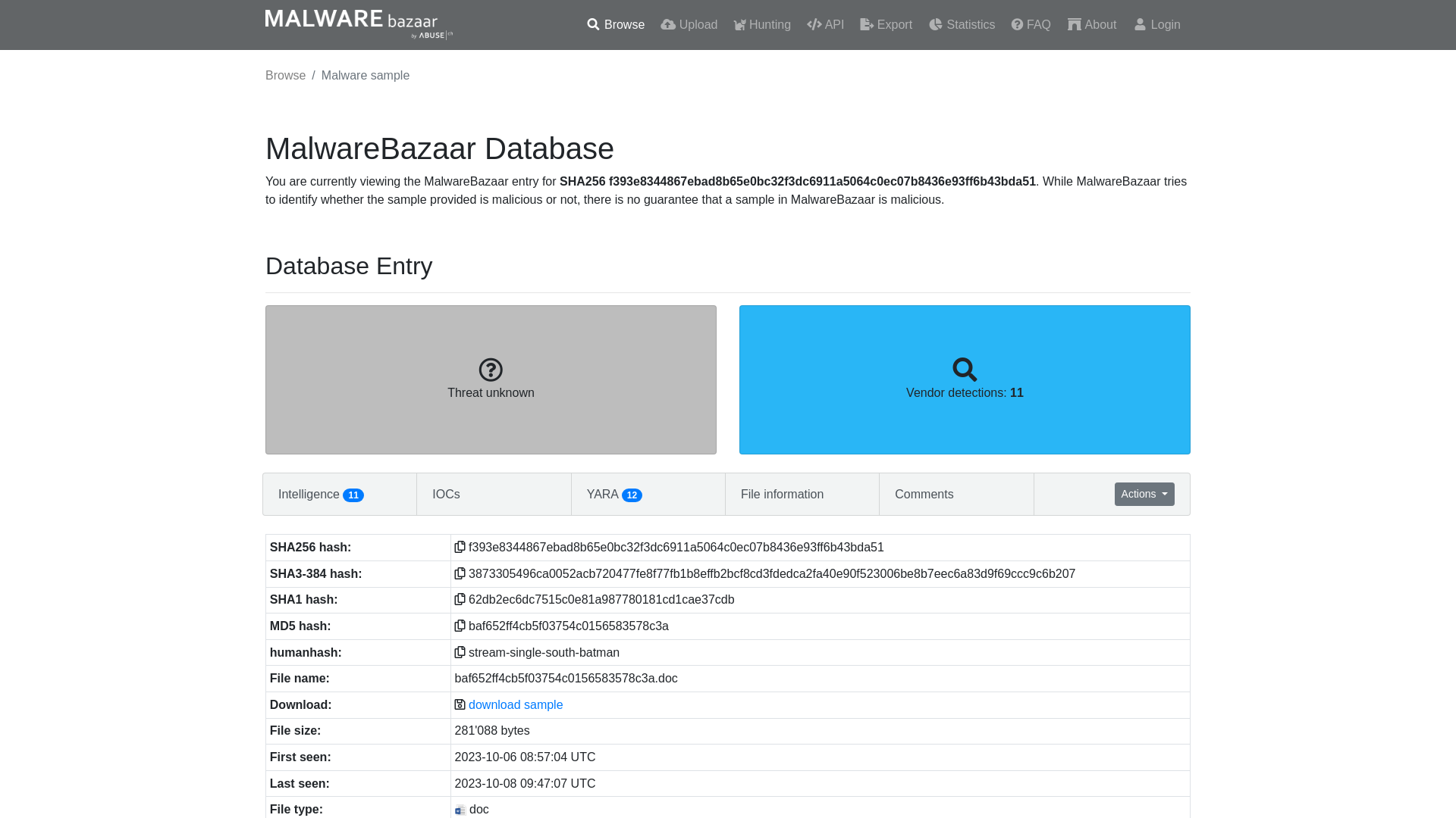 MalwareBazaar | SHA256 f393e8344867ebad8b65e0bc32f3dc6911a5064c0ec07b8436e93ff6b43bda51