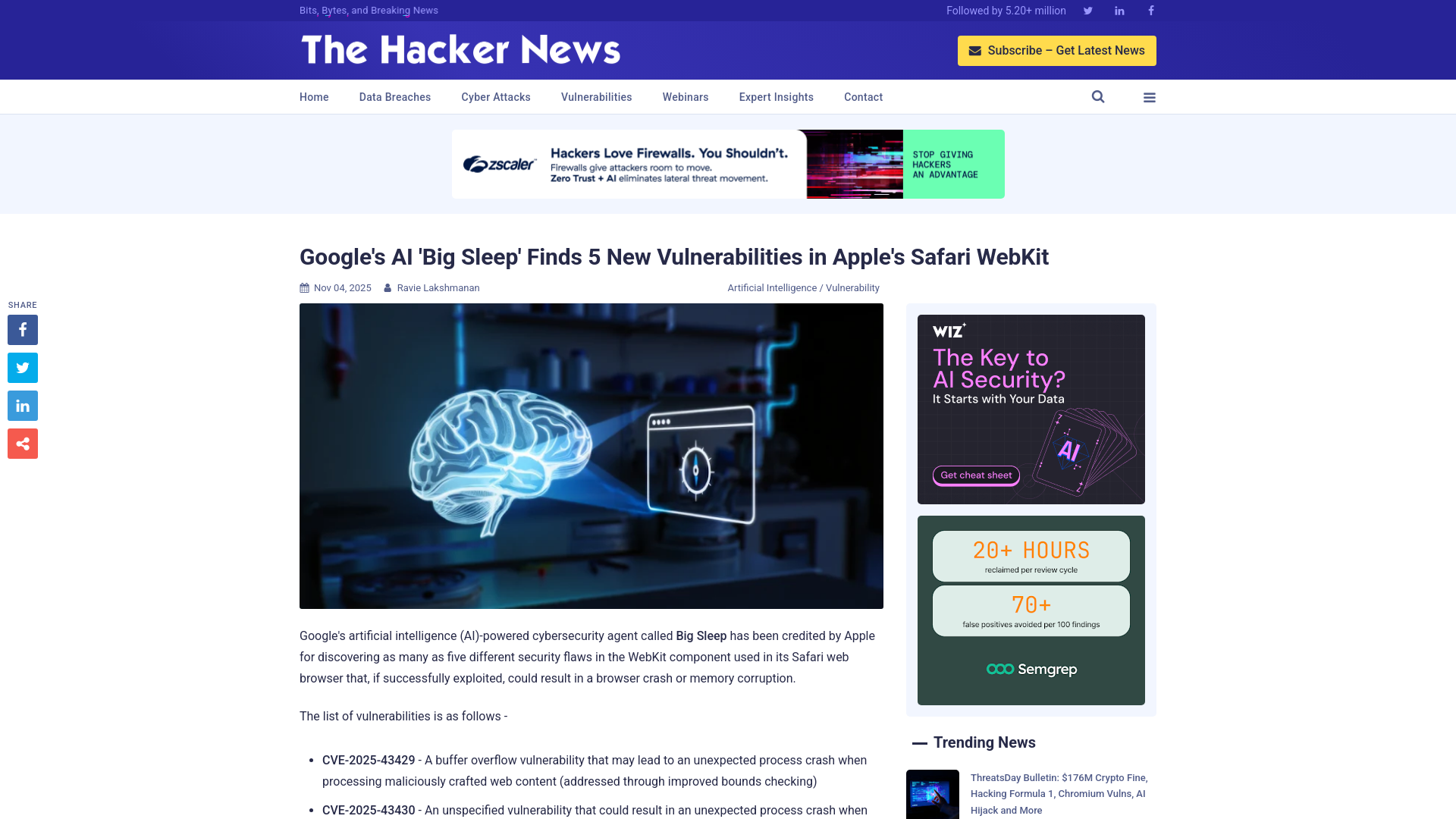 Google's AI 'Big Sleep' Finds 5 New Vulnerabilities in Apple's Safari WebKit