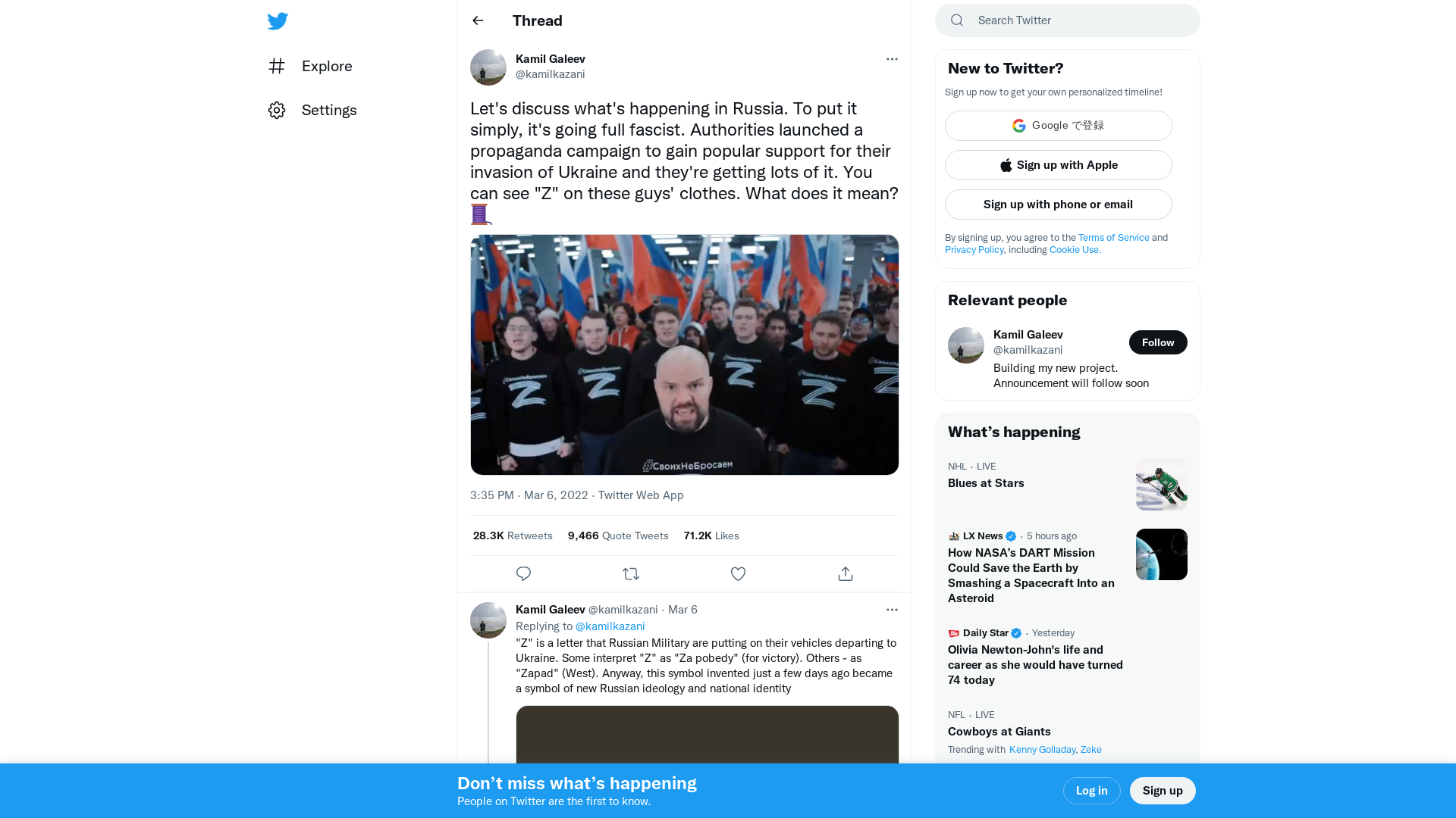 Kamil Galeev on Twitter: "Let's discuss what's happening in Russia. To put it simply, it's going full fascist. Authorities launched a propaganda campaign to gain popular support for their invasion of Ukraine and they're getting lots of it. You can see "Z" on these guys' clothes. What does it mean? 🧵 https://t.co/F2zjcpJCDZ" / Twitter