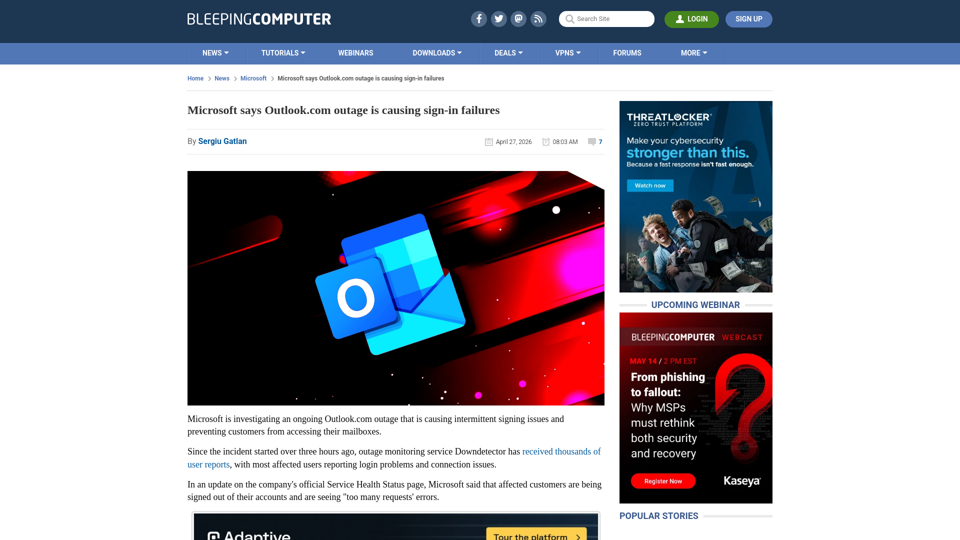 Microsoft says Outlook.com outage is causing sign‑in failures