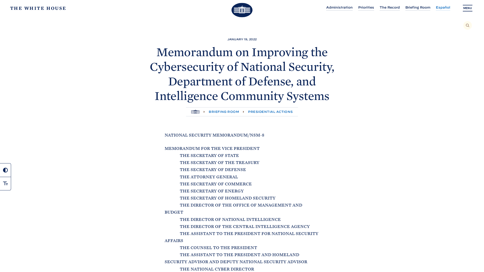 Memorandum on Improving the Cybersecurity of National Security, Department of Defense, and Intelligence Community Systems - The White House