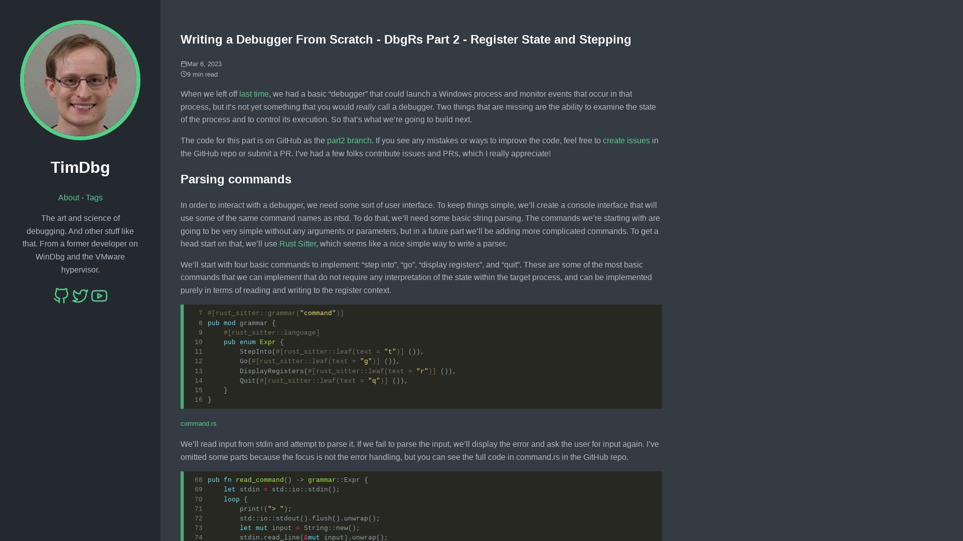 Writing a Debugger From Scratch - DbgRs Part 2 - Register State and Stepping // TimDbg