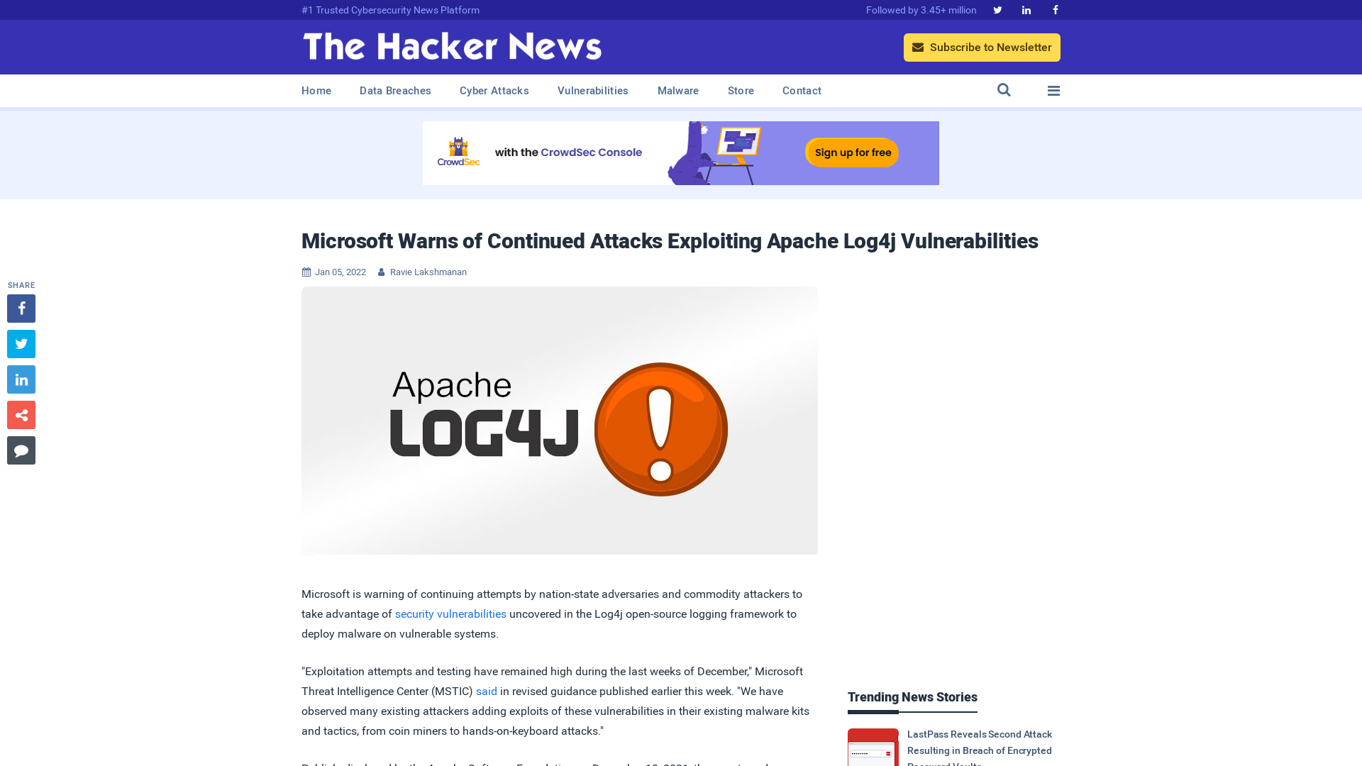 Microsoft Warns of Continued Attacks Exploiting Apache Log4j Vulnerabilities