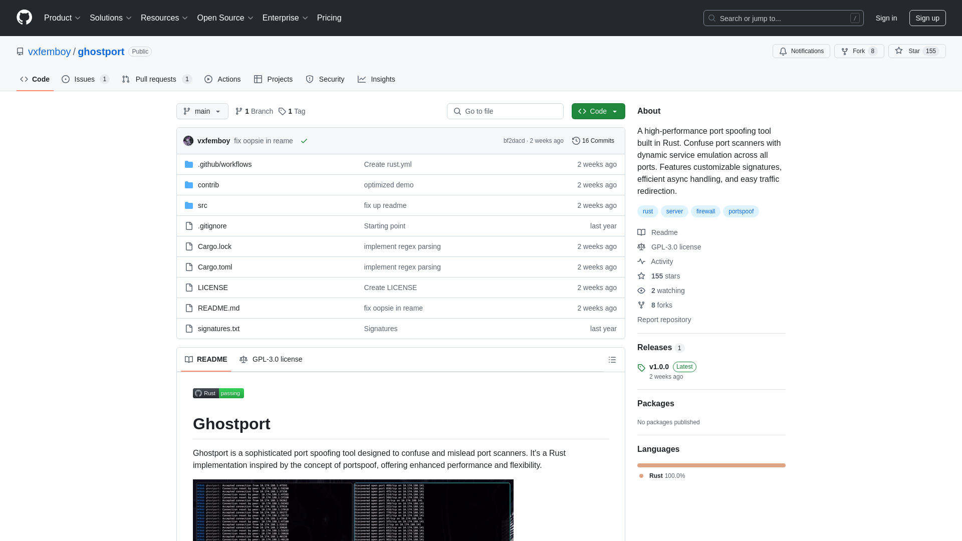 GitHub - vxfemboy/ghostport: A high-performance port spoofing tool built in Rust. Confuse port scanners with dynamic service emulation across all ports. Features customizable signatures, efficient async handling, and easy traffic redirection.