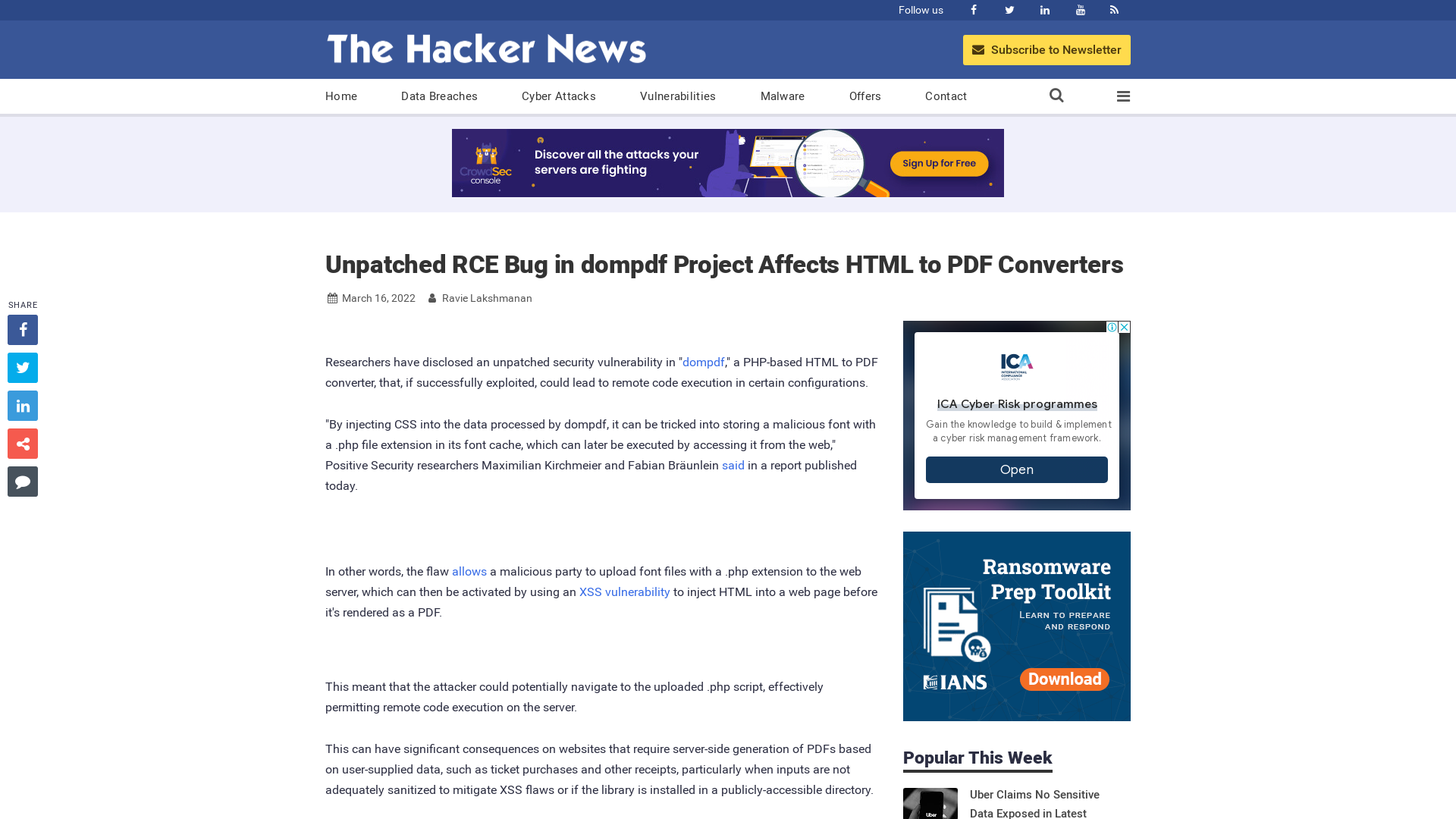 Unpatched RCE Bug in dompdf Project Affects HTML to PDF Converters