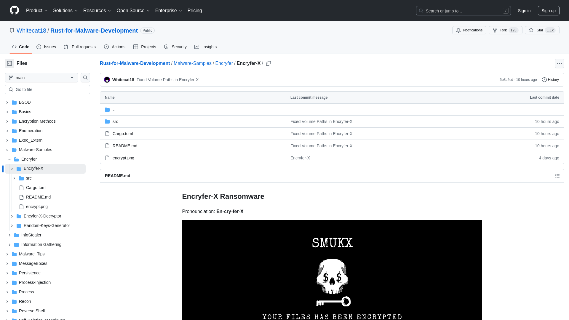 Rust-for-Malware-Development/Malware-Samples/Encryfer/Encryfer-X at main · Whitecat18/Rust-for-Malware-Development · GitHub