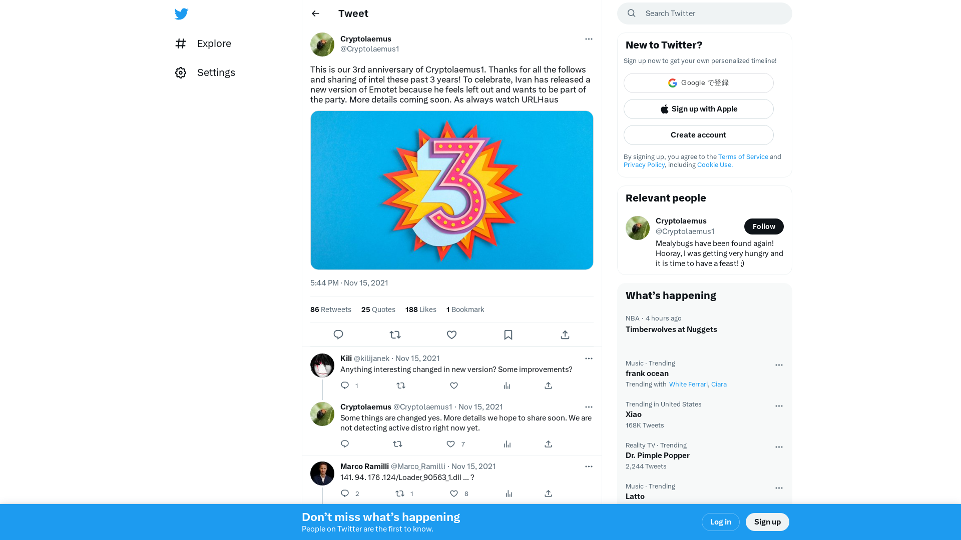 Cryptolaemus on Twitter: "This is our 3rd anniversary of Cryptolaemus1. Thanks for all the follows and sharing of intel these past 3 years! To celebrate, Ivan has released a new version of Emotet because he feels left out and wants to be part of the party. More details coming soon. As always watch URLHaus https://t.co/Qwvel32ibB" / Twitter