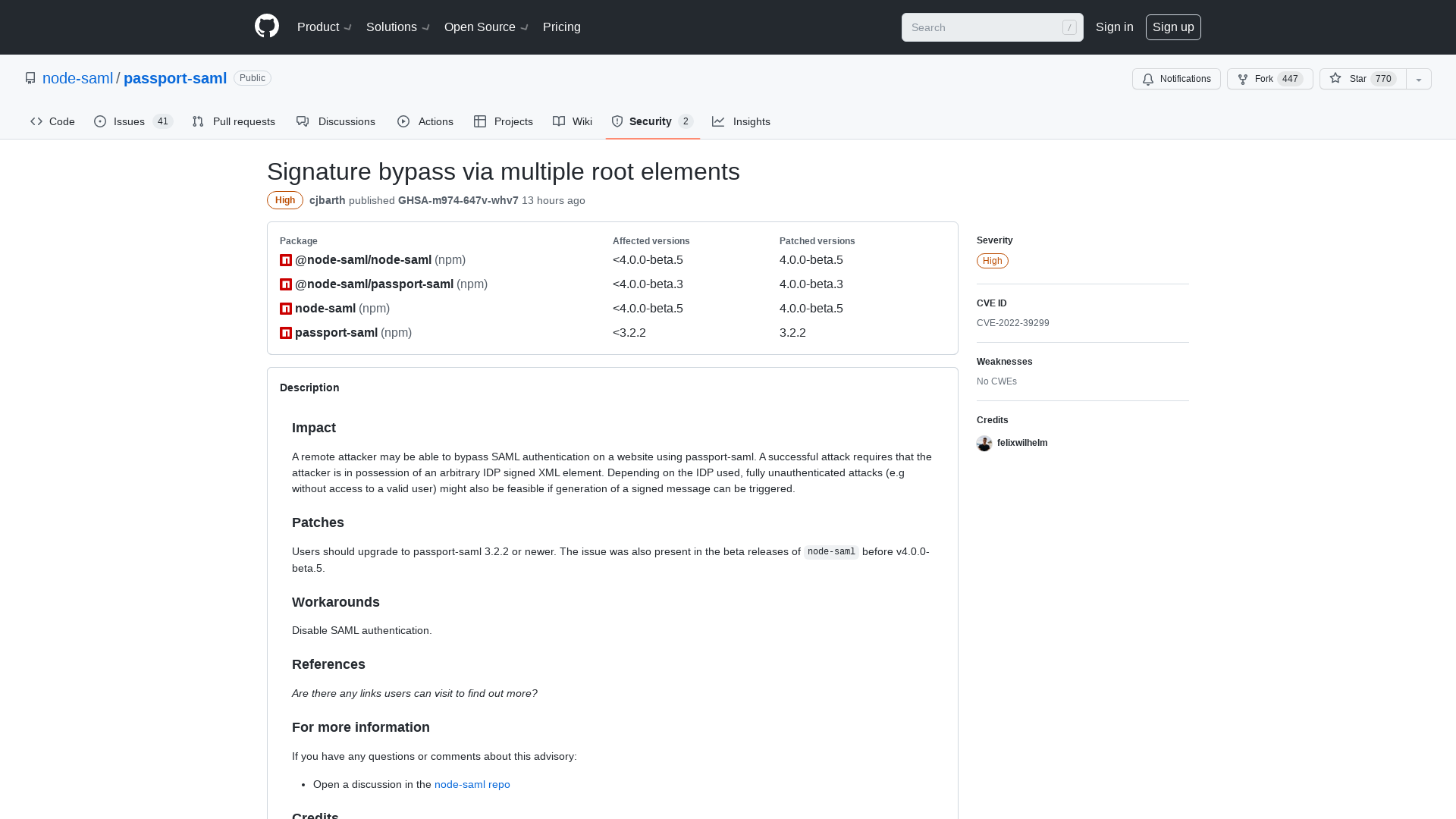 Signature bypass via multiple root elements · Advisory · node-saml/passport-saml · GitHub
