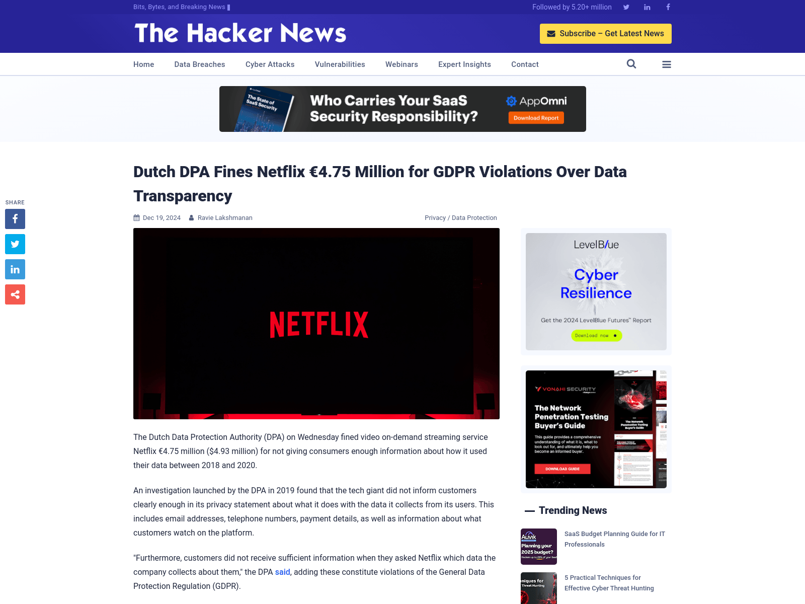 Dutch DPA Fines Netflix €4.75 Million for GDPR Violations Over Data Transparency