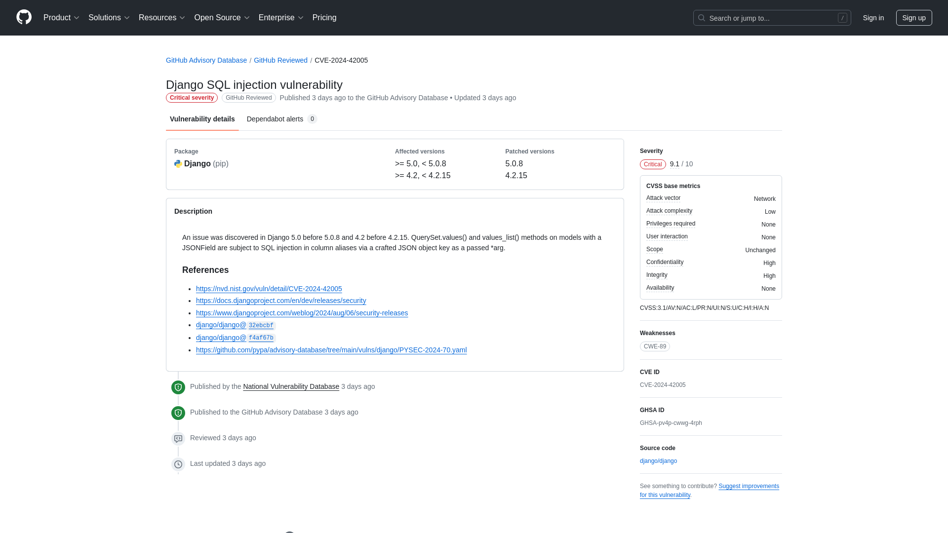 Django SQL injection vulnerability · CVE-2024-42005 · GitHub Advisory Database · GitHub