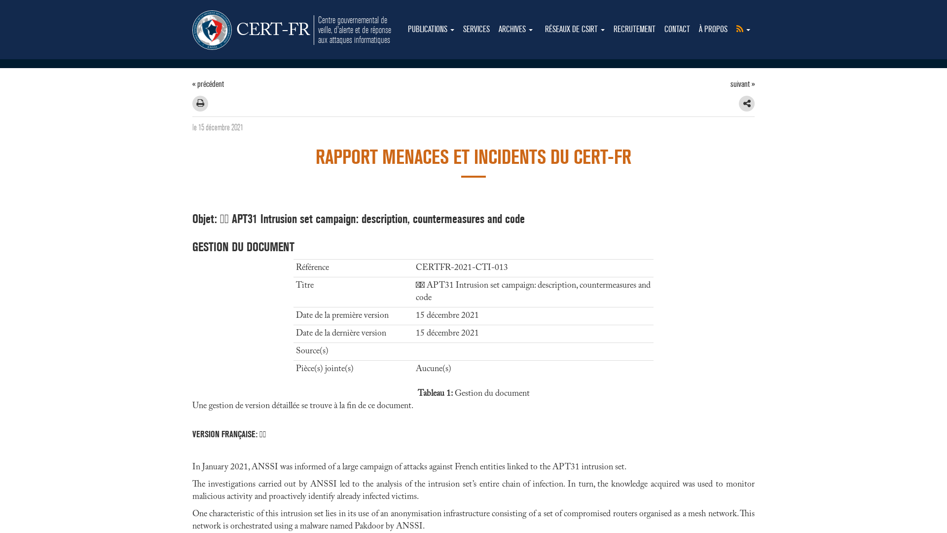 🇬🇧 APT31 Intrusion set campaign: description, countermeasures and code – CERT-FR