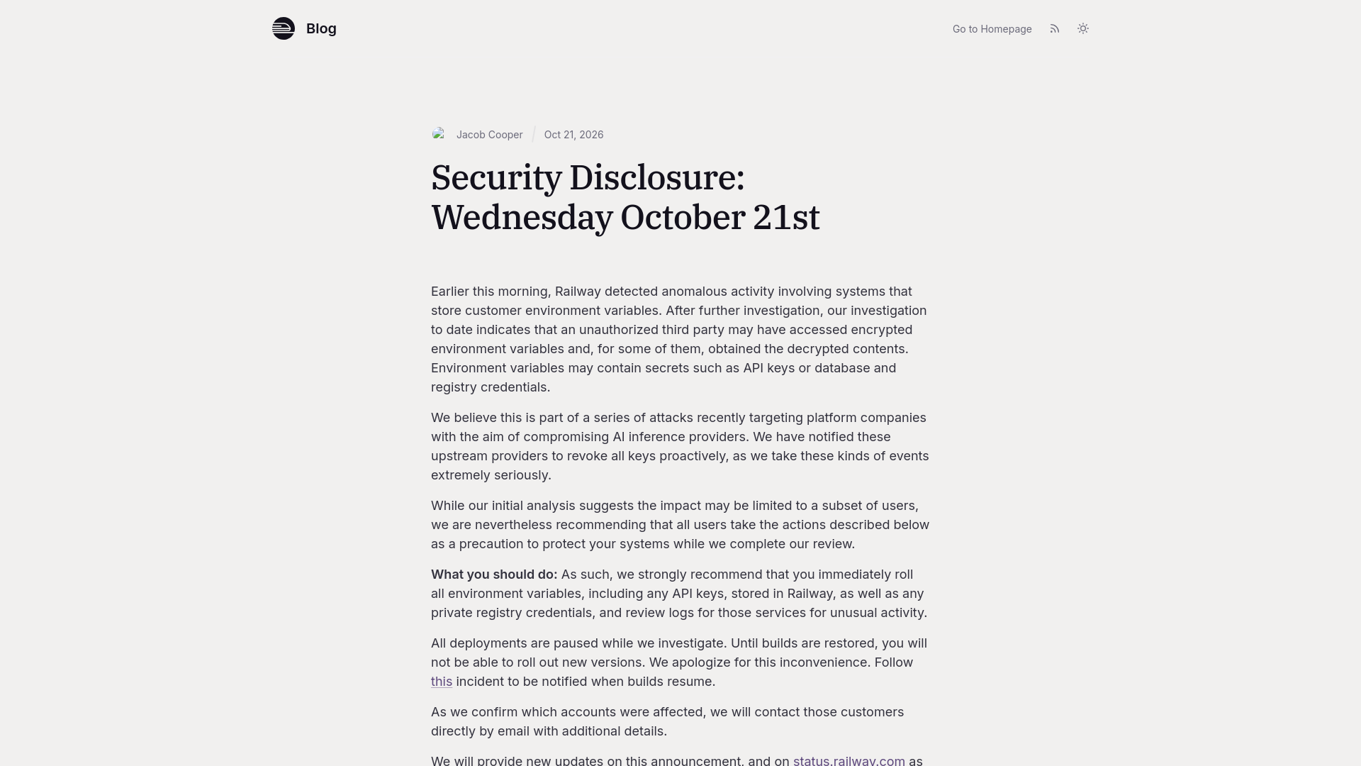 Security Disclosure: Wednesday October 21st | Railway Blog