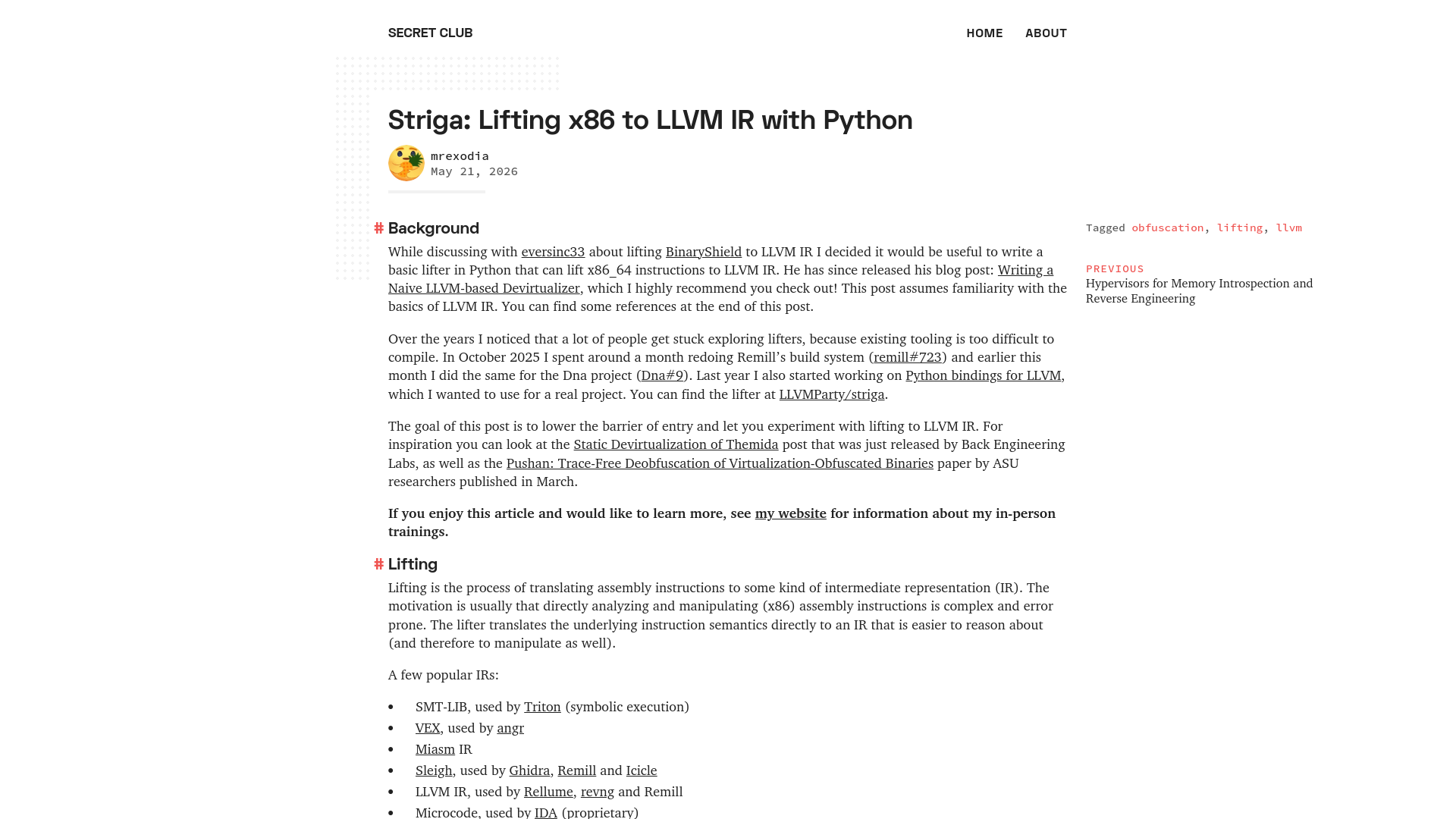 Striga: Lifting x86 to LLVM IR with Python | secret club