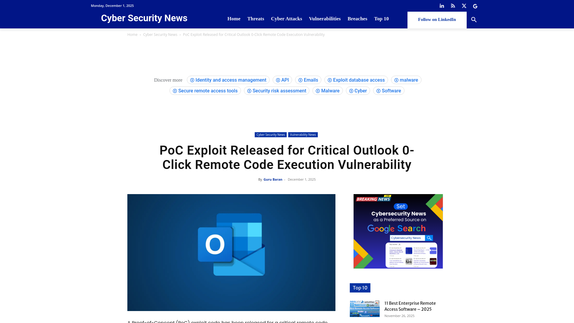PoC Exploit Released for Critical Outlook 0-Click Remote Code Execution Vulnerability