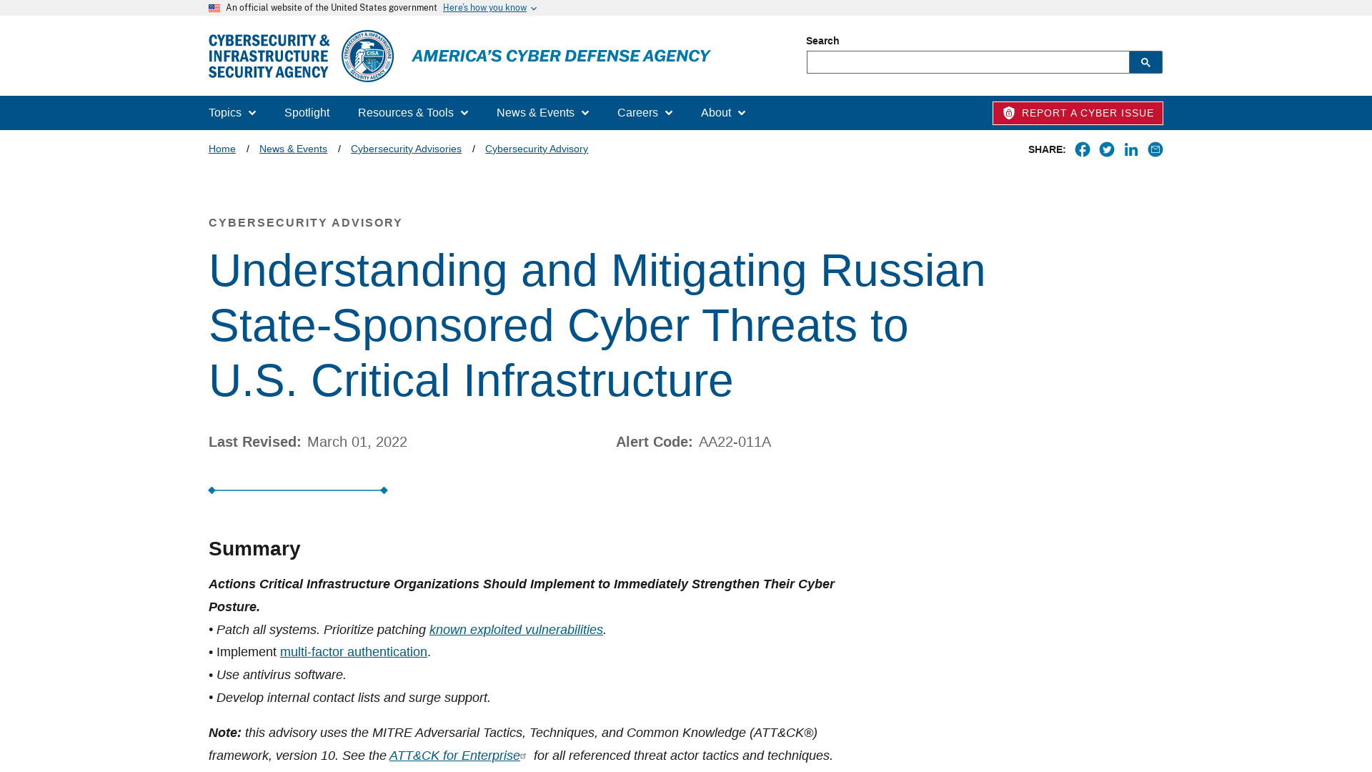 Understanding and Mitigating Russian State-Sponsored Cyber Threats to U.S. Critical Infrastructure | CISA