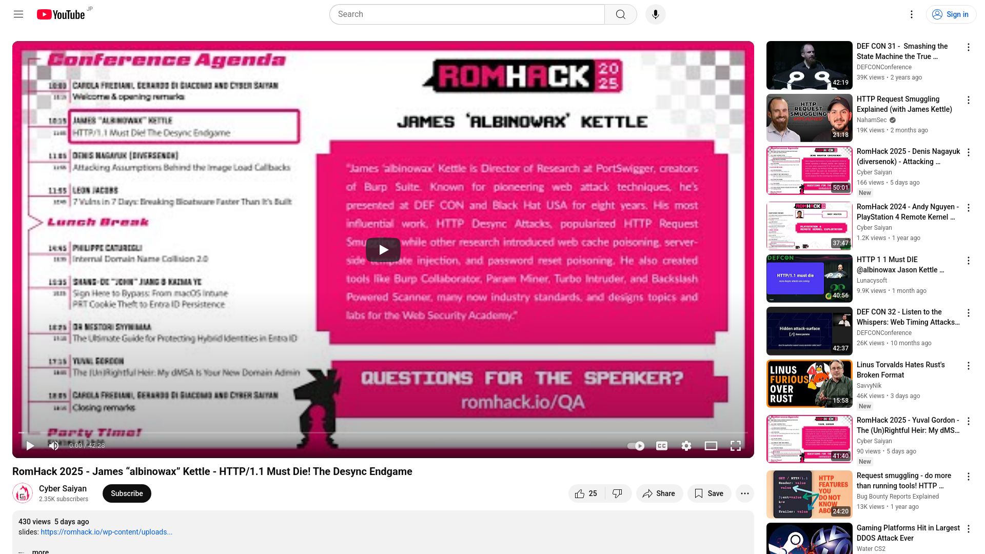 RomHack 2025 - James “albinowax” Kettle - HTTP/1.1 Must Die! The Desync Endgame - YouTube