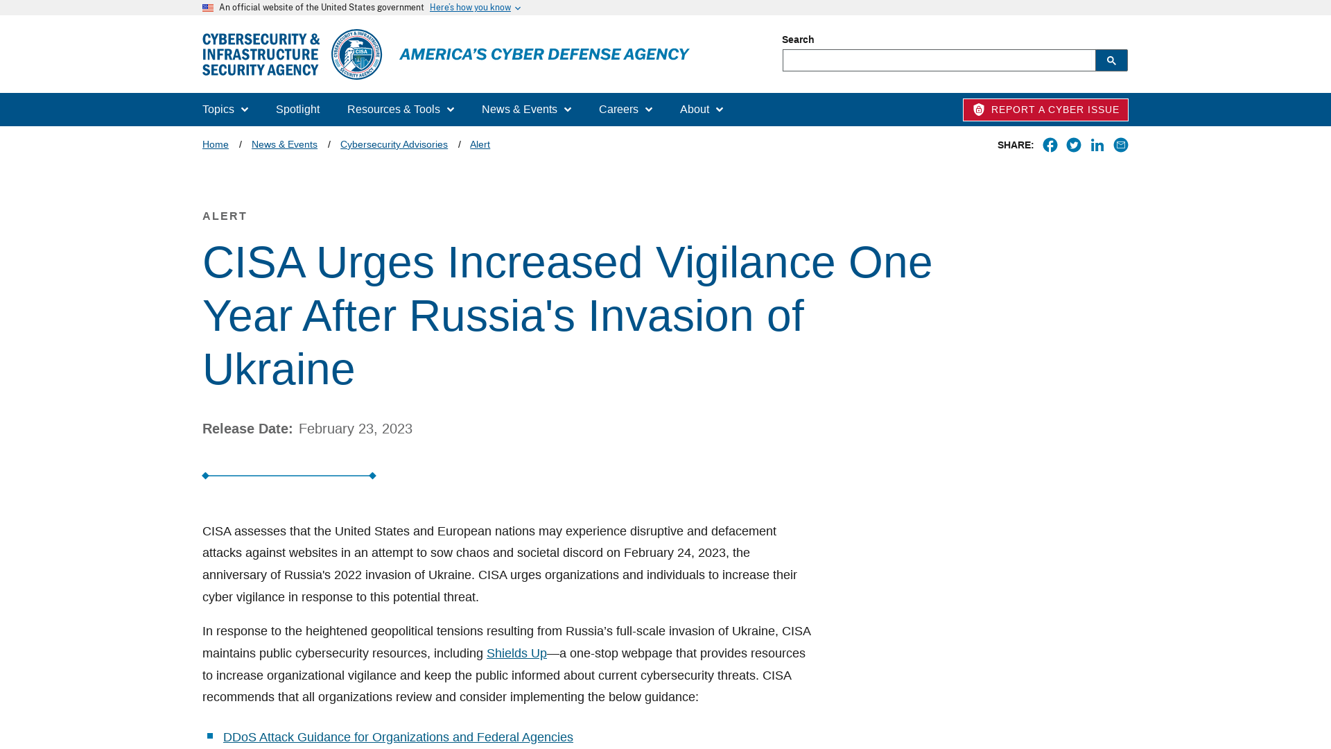 CISA Urges Increased Vigilance One Year After Russia's Invasion of Ukraine | CISA