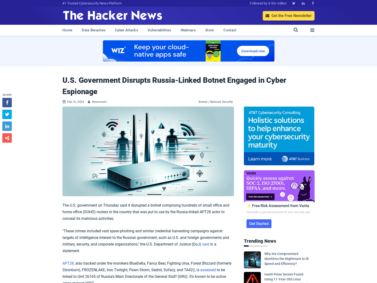 U.S. Government Disrupts Russia-Linked Botnet Engaged in Cyber Espionage