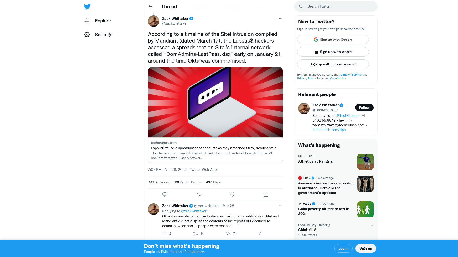 Zack Whittaker on Twitter: "According to a timeline of the Sitel intrusion compiled by Mandiant (dated March 17), the Lapsus$ hackers accessed a spreadsheet on Sitel’s internal network called “DomAdmins-LastPass.xlsx" early on January 21, around the time Okta was compromised. https://t.co/5q580tMNxT" / Twitter
