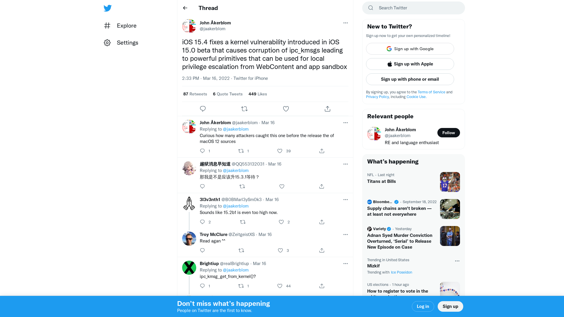 John Åkerblom on Twitter: "iOS 15.4 fixes a kernel vulnerability introduced in iOS 15.0 beta that causes corruption of ipc_kmsgs leading to powerful primitives that can be used for local privilege escalation from WebContent and app sandbox" / Twitter